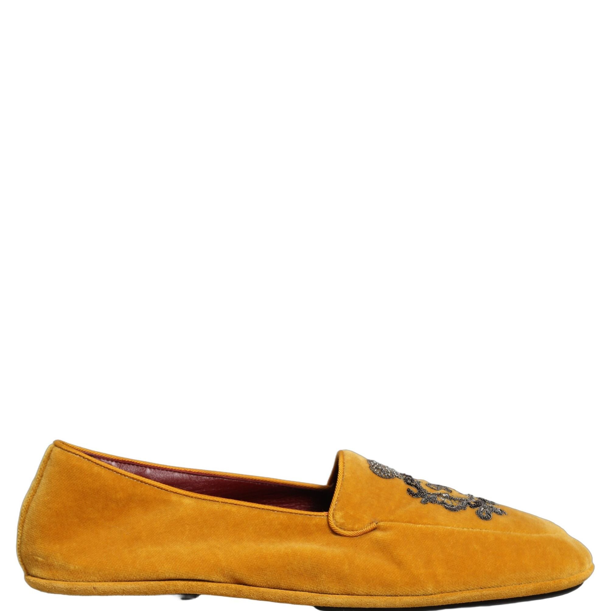 Dolce & Gabbana Yellow Velvet Crown Embroidery Loafers Shoes