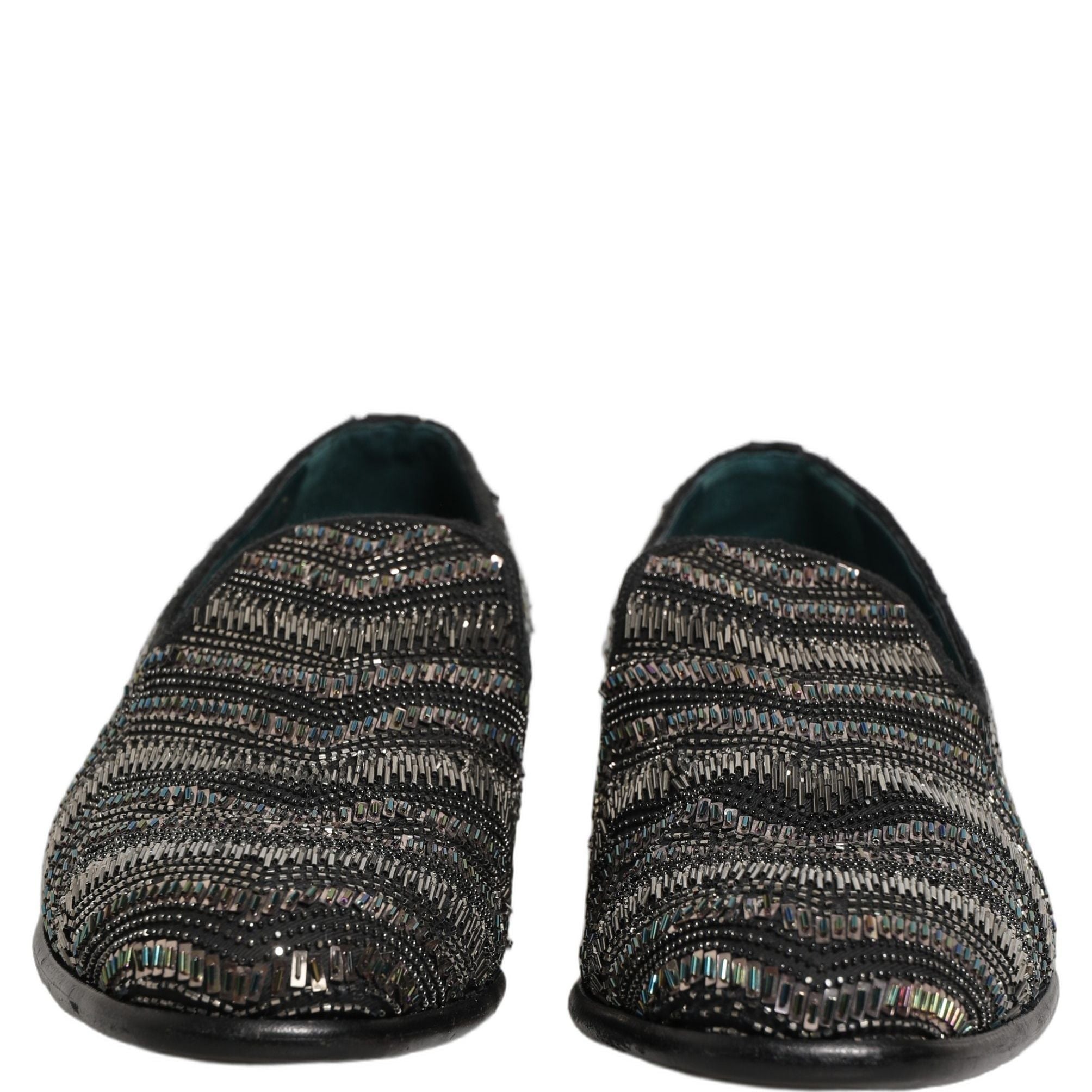 Dolce & Gabbana Black Silver Embellished Slip On Loafers Shoes