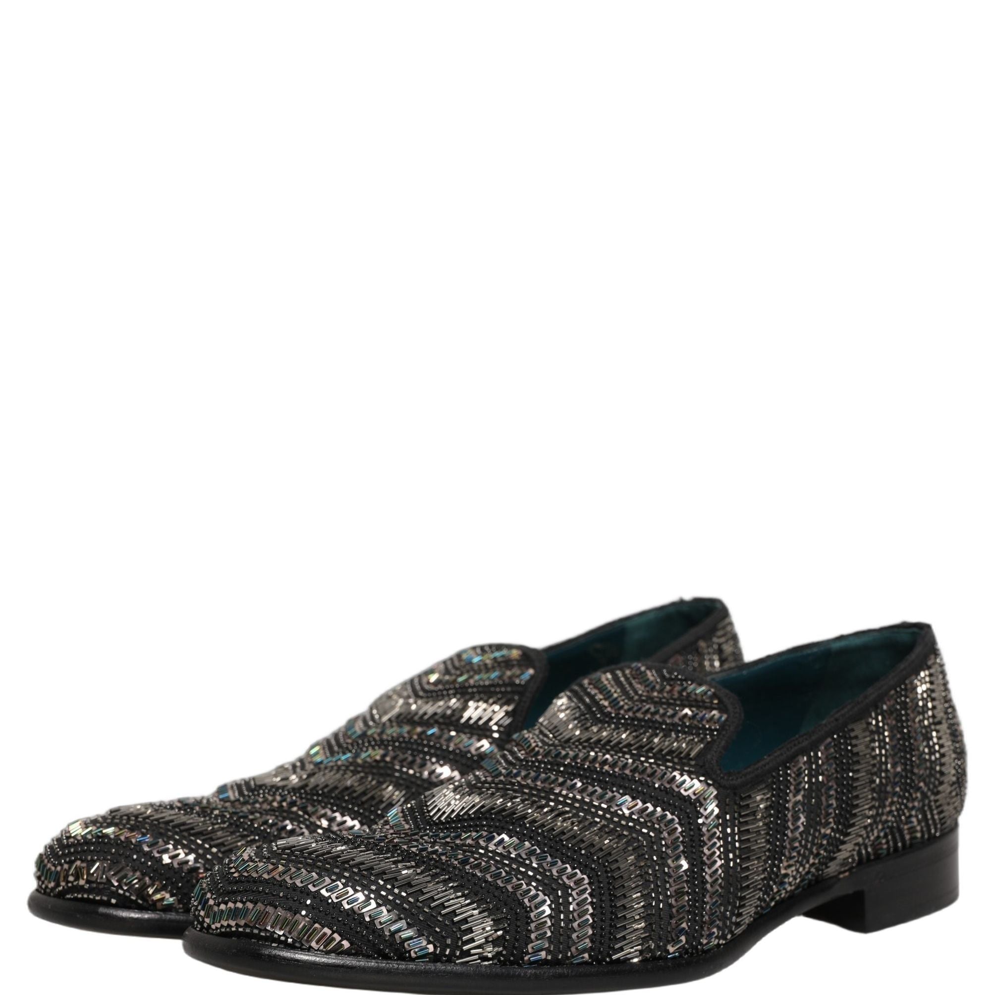Dolce & Gabbana Black Silver Embellished Slip On Loafers Shoes