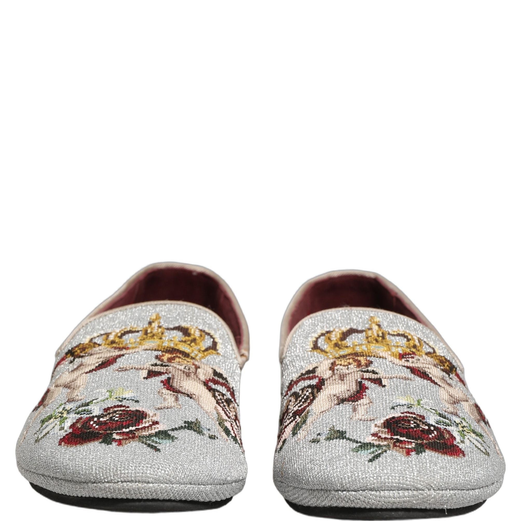 Dolce & Gabbana Gray Crown Rose Angel Embroidery Loafer Shoes