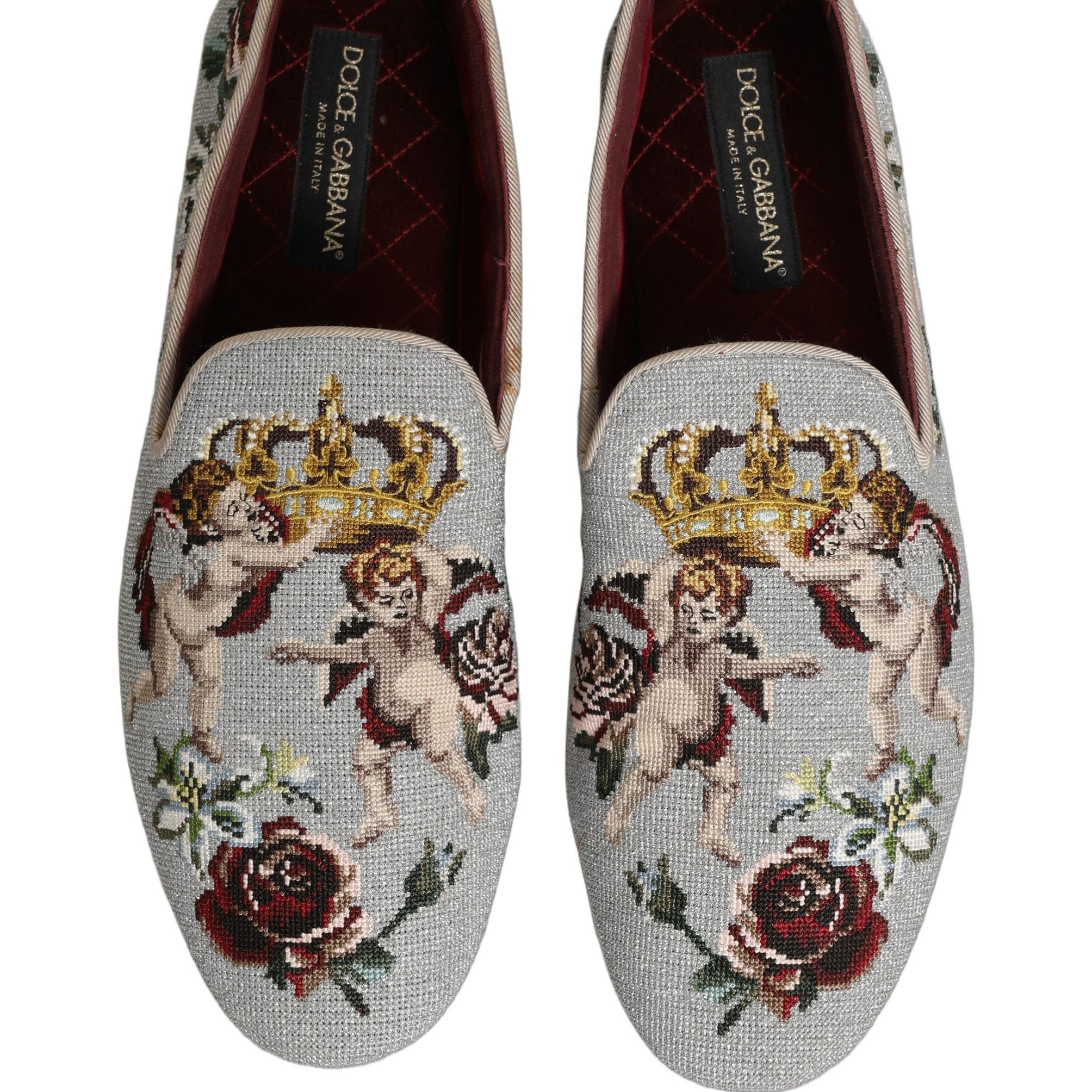 Dolce & Gabbana Gray Crown Rose Angel Embroidery Loafer Shoes