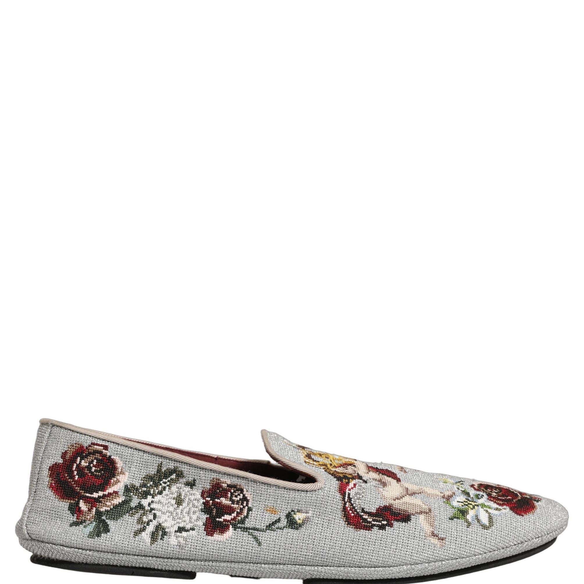 Dolce & Gabbana Gray Crown Rose Angel Embroidery Loafer Shoes