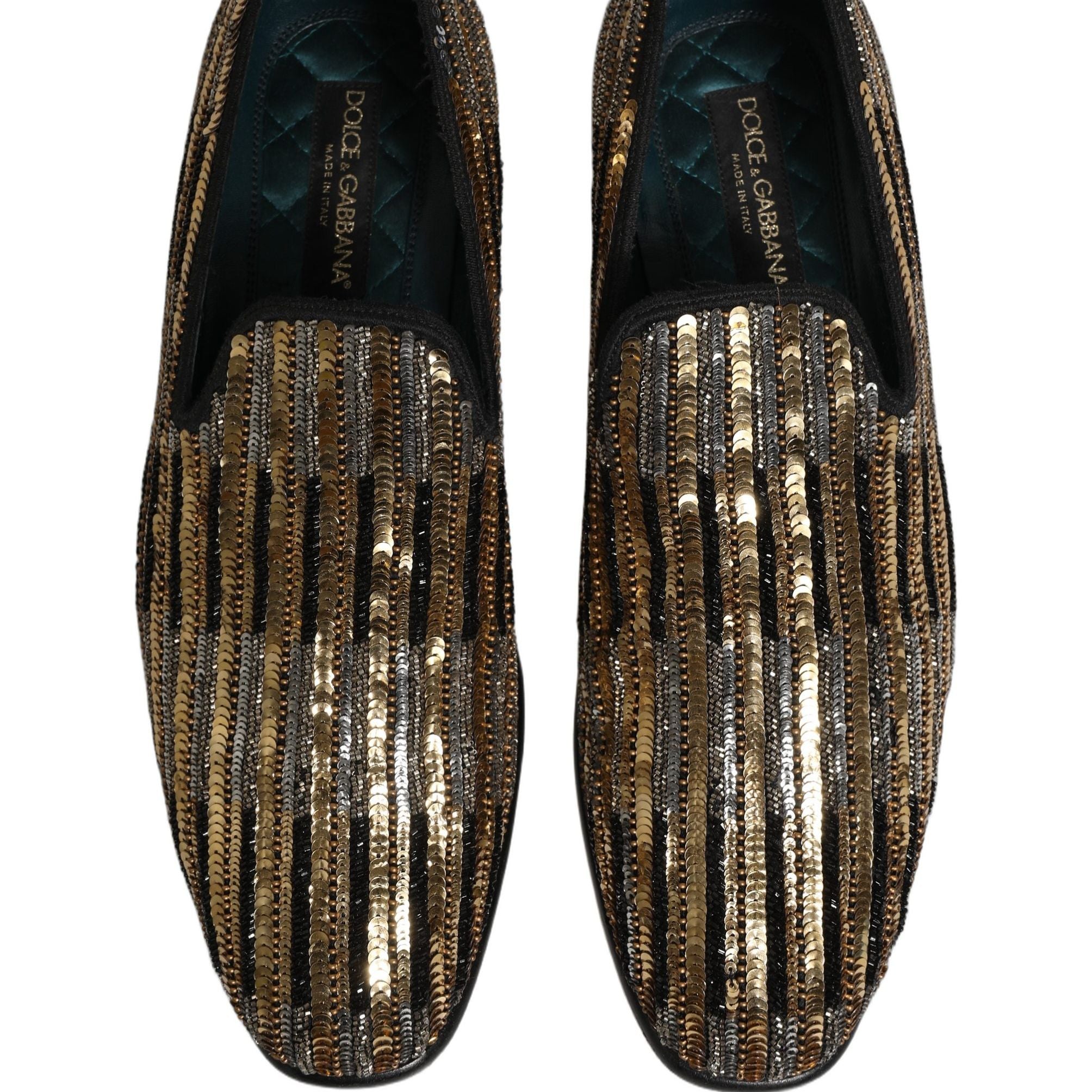 Dolce & Gabbana Gold Striped Sequin Embellished Loafer Shoes
