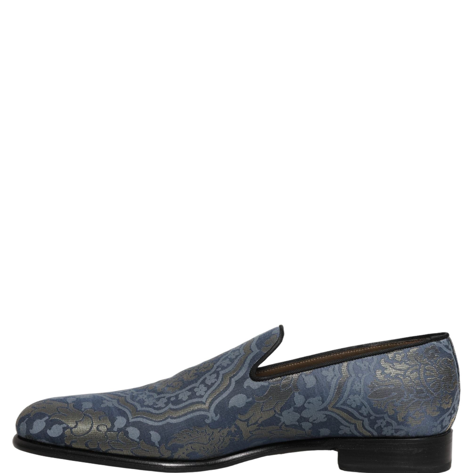 Dolce & Gabbana Blue Floral Brocade Slip On Loafers Shoes