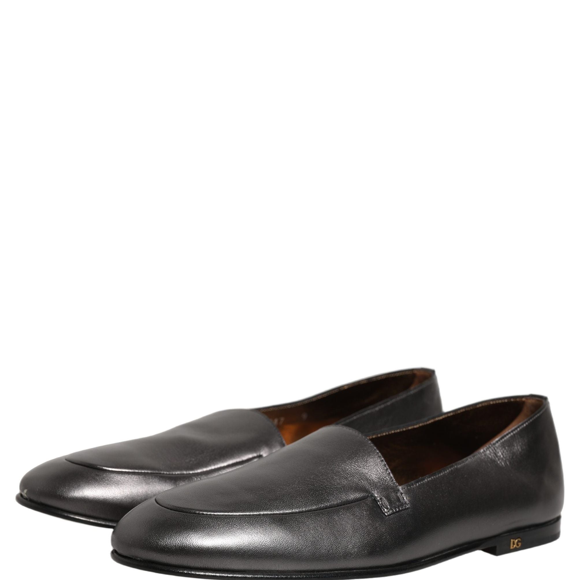 Dolce & Gabbana Silver Leather DG Logo Slip On Loafers Shoes