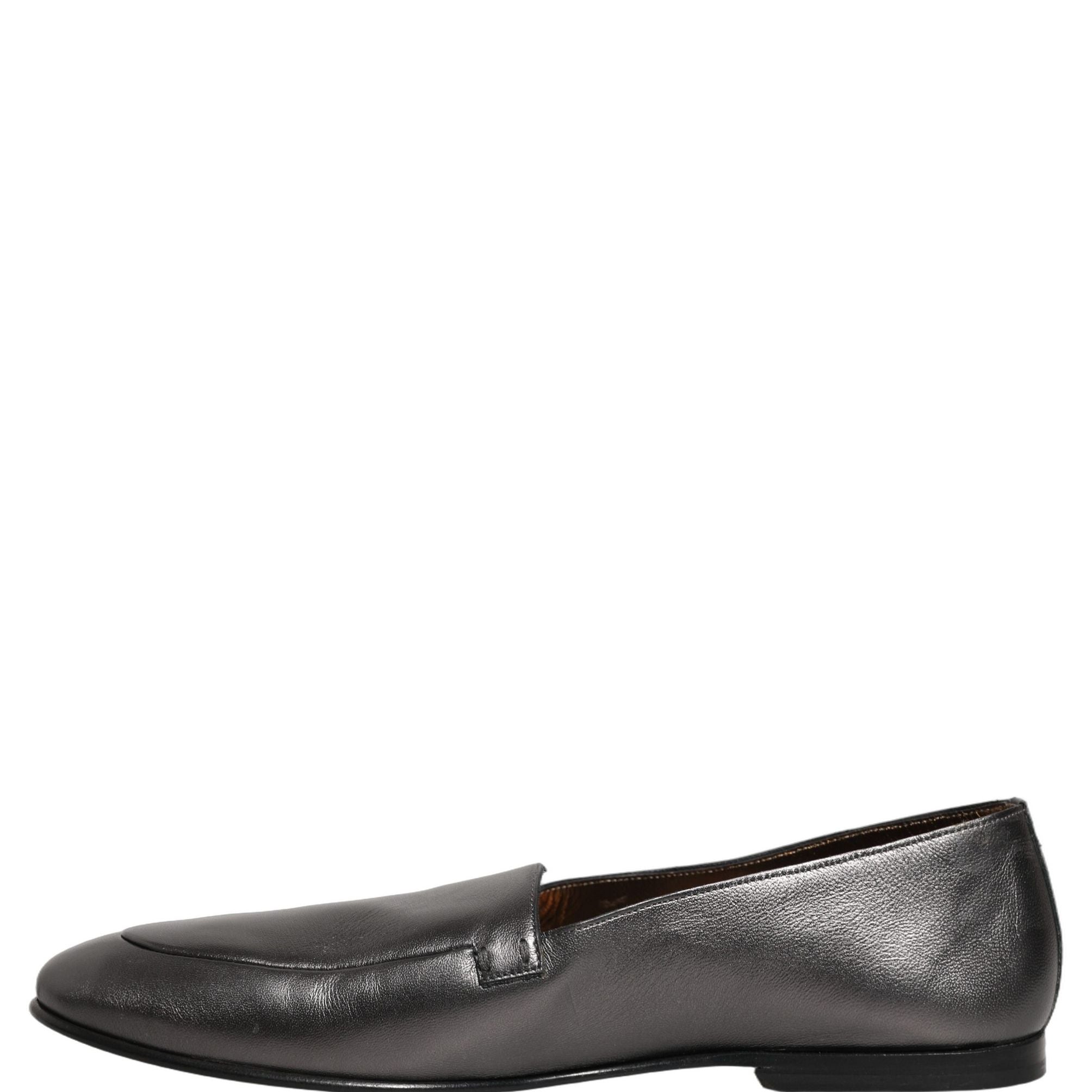 Dolce & Gabbana Silver Leather DG Logo Slip On Loafers Shoes
