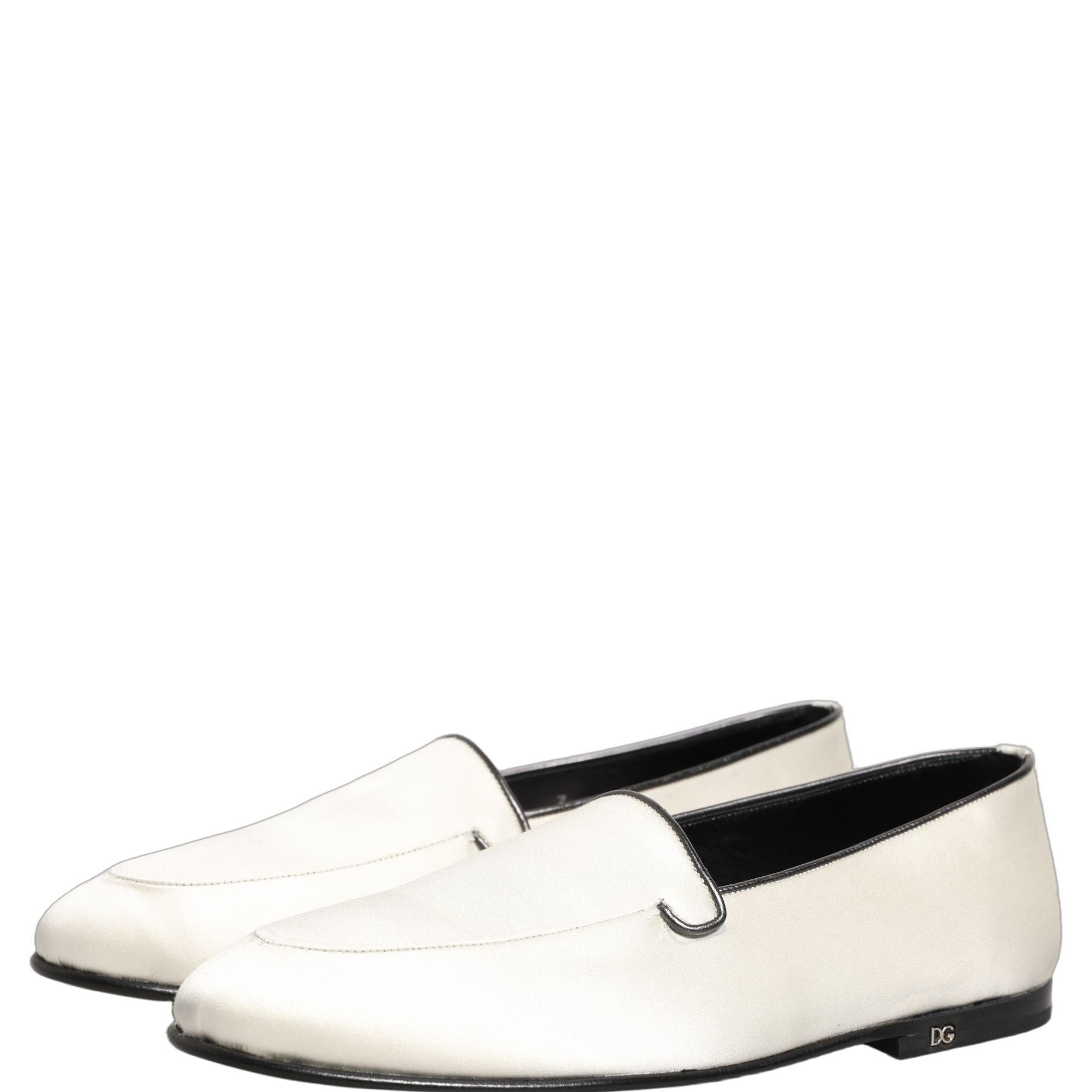 Dolce & Gabbana White Satin Logo Slip On Flats Loafers Shoes