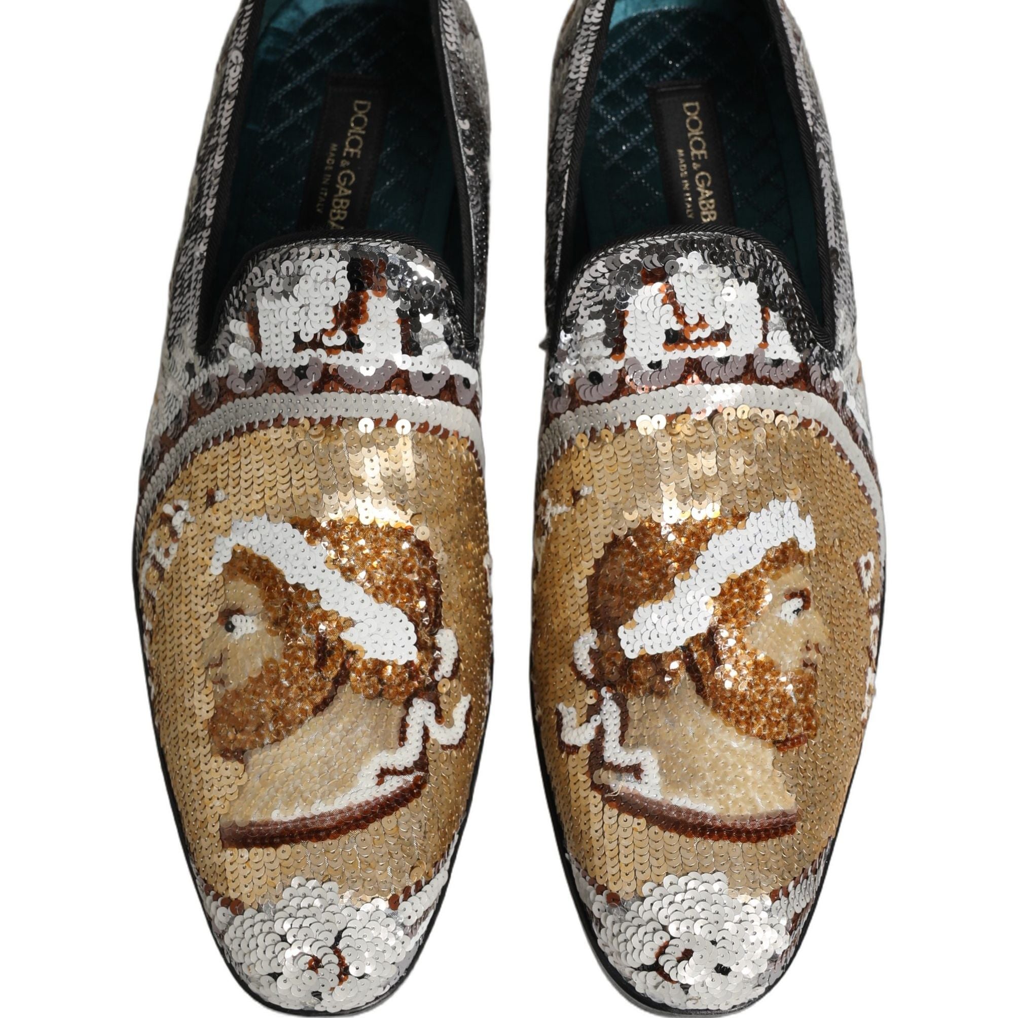 Dolce & Gabbana White Gold Sequined Slip On Loafers Shoes