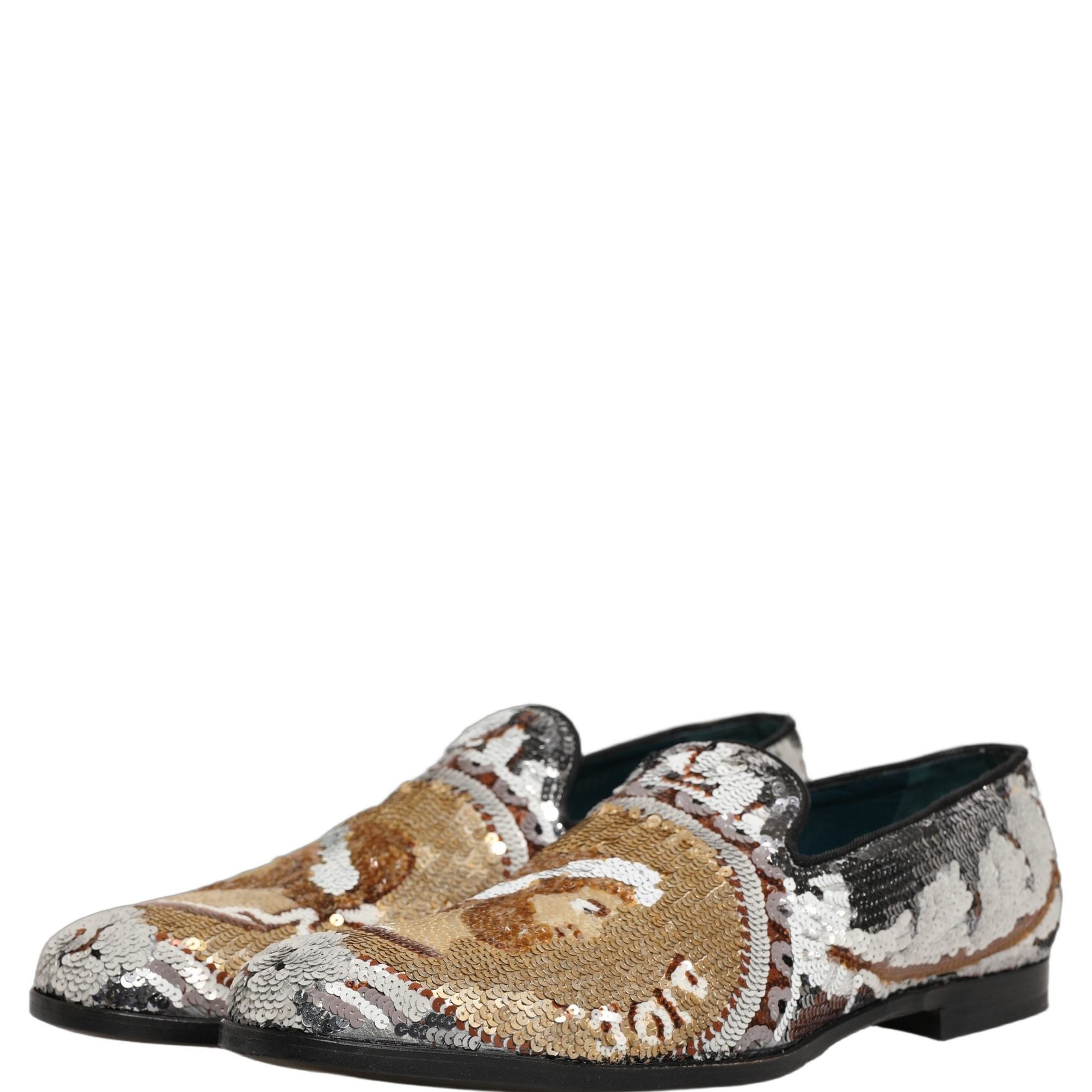 Dolce & Gabbana White Gold Sequined Slip On Loafers Shoes