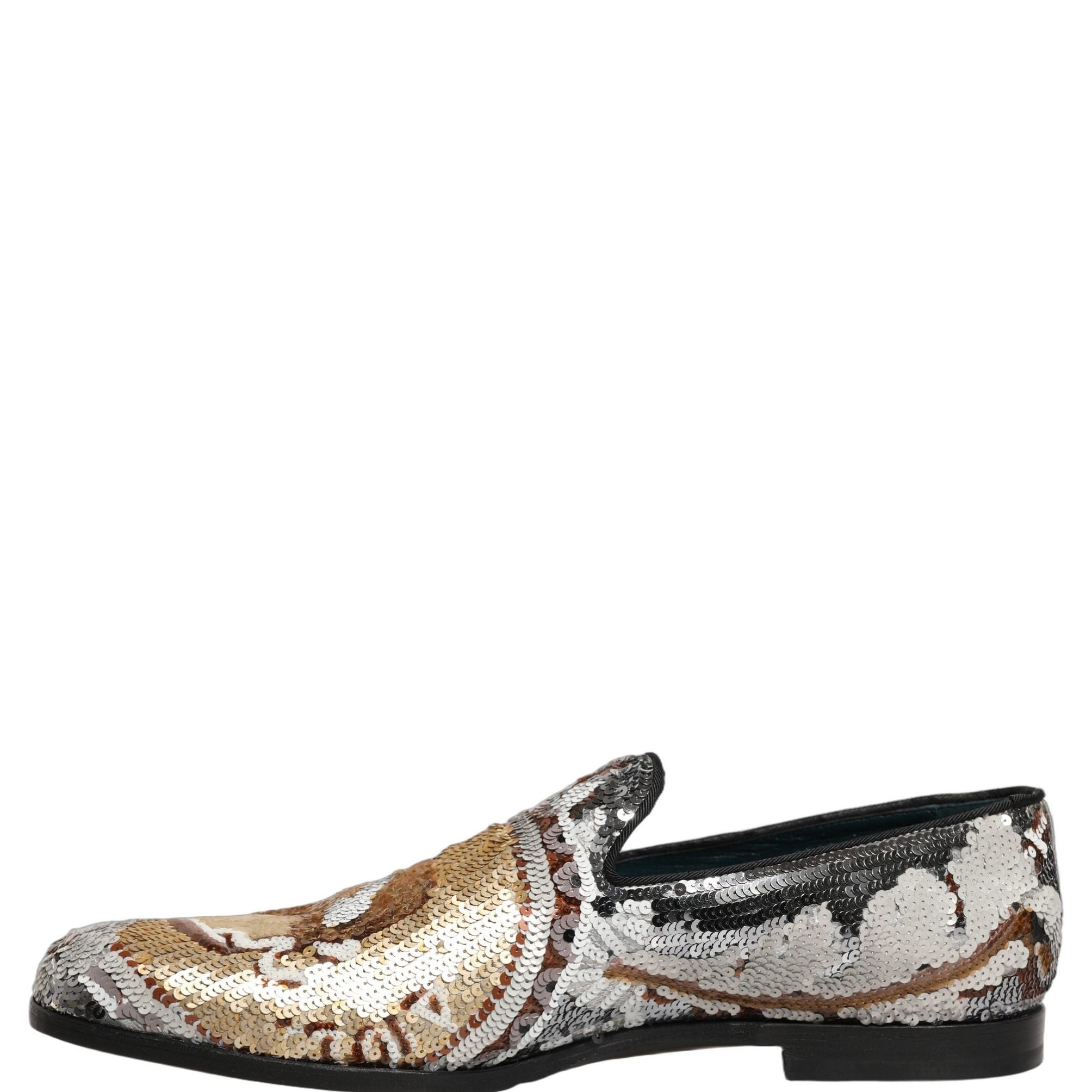 Dolce & Gabbana White Gold Sequined Slip On Loafers Shoes