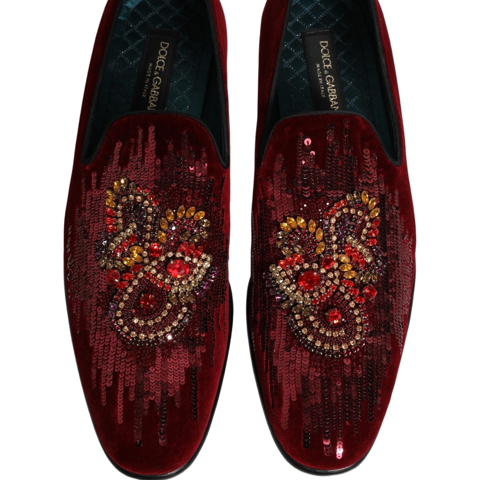 Dolce & Gabbana Maroon Sequin Gemstone Dress Loafers Shoes