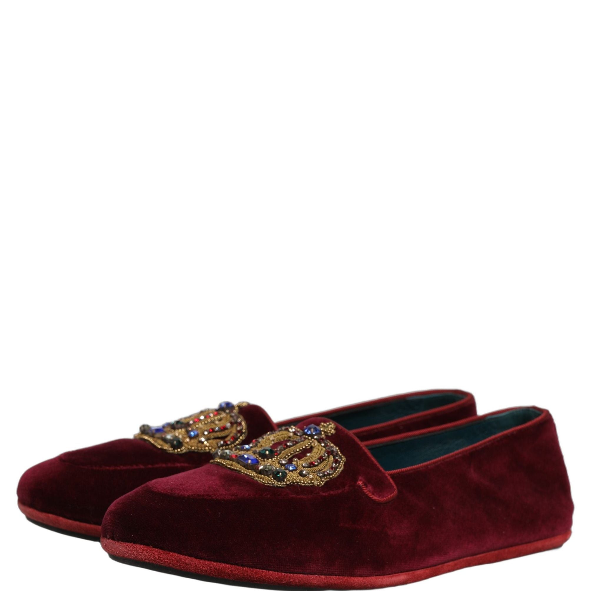 Dolce & Gabbana Burgundy Velvet Crown Slip On Loafers Shoes