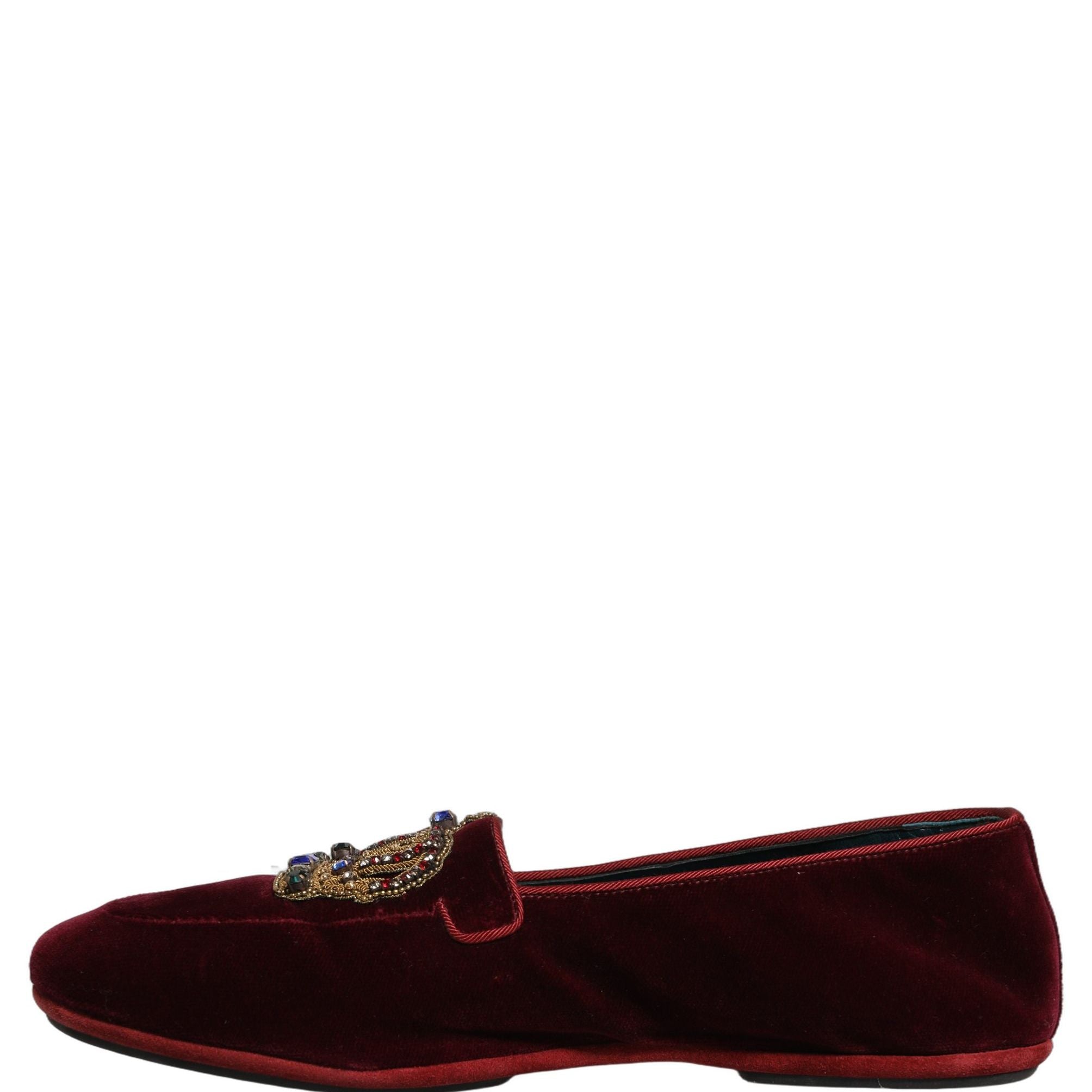 Dolce & Gabbana Burgundy Velvet Crown Slip On Loafers Shoes