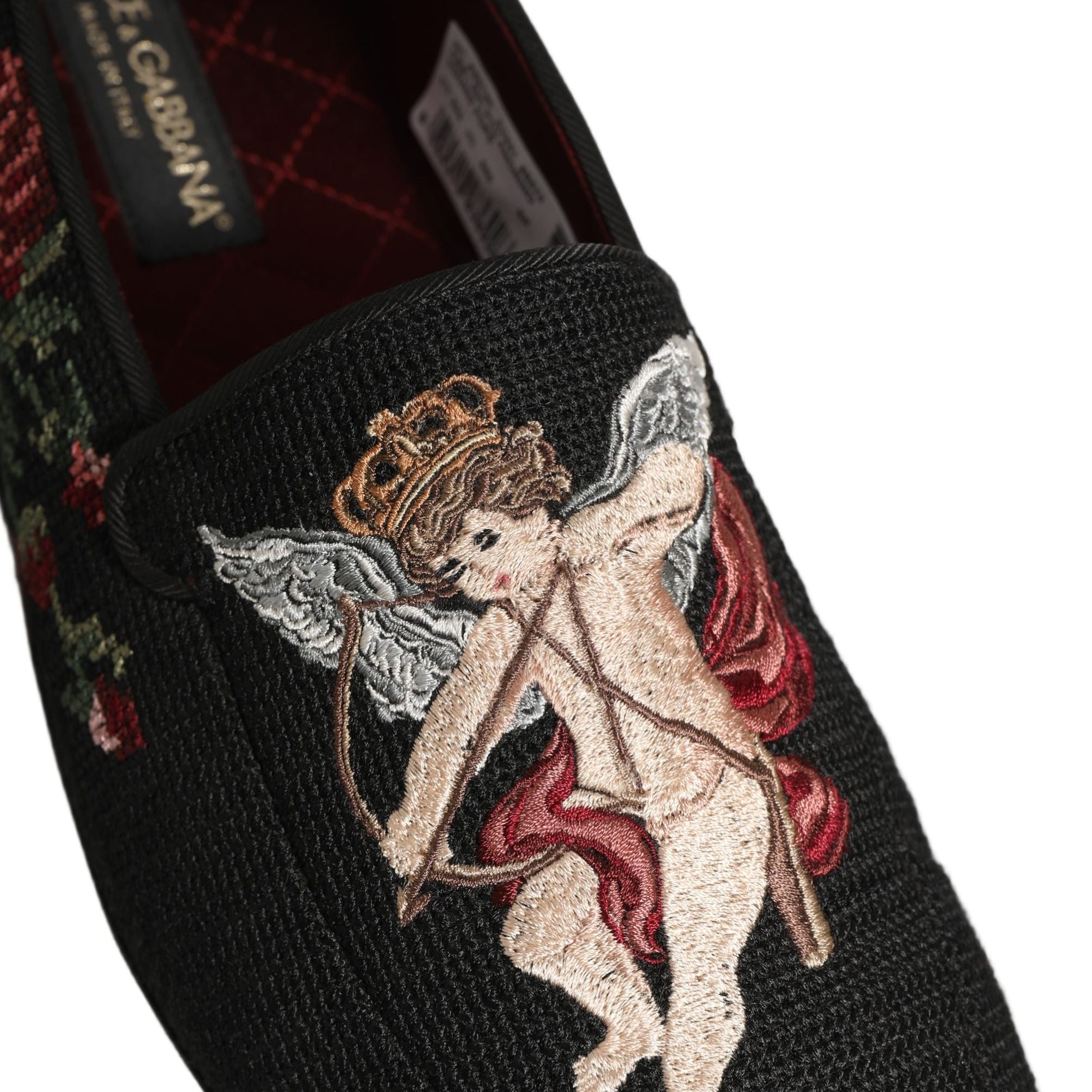 Dolce & Gabbana Black Baroque Angel Crown Rose Loafers Shoes