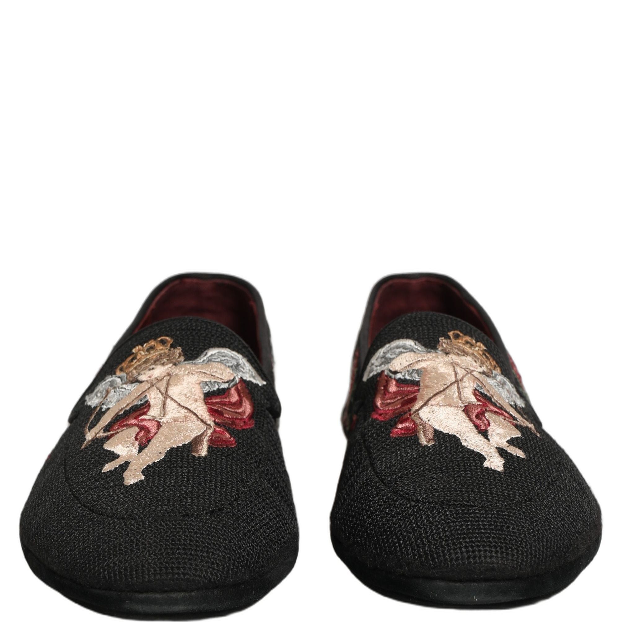 Dolce & Gabbana Black Baroque Angel Crown Rose Loafers Shoes