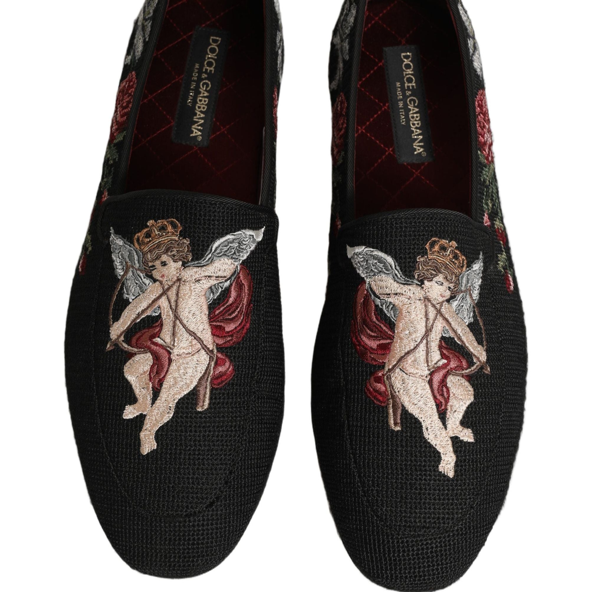Dolce & Gabbana Black Baroque Angel Crown Rose Loafers Shoes