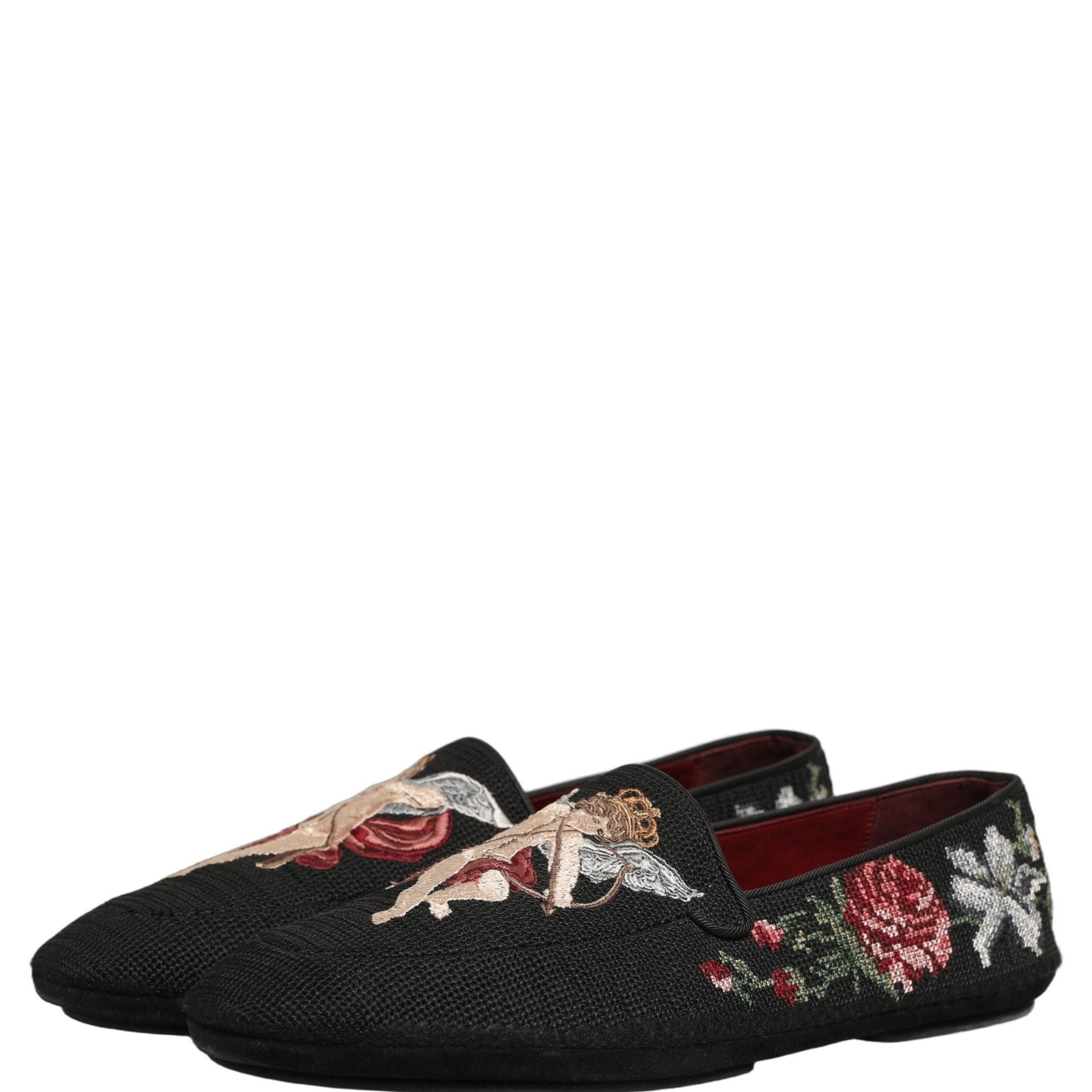 Dolce & Gabbana Black Baroque Angel Crown Rose Loafers Shoes