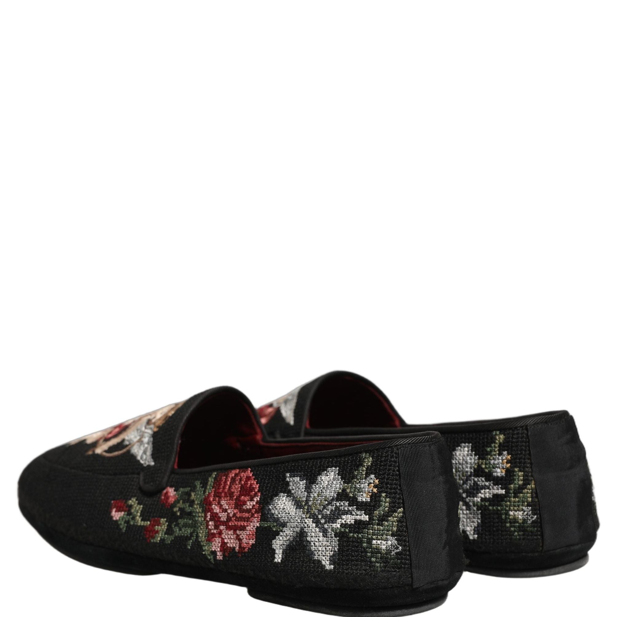 Dolce & Gabbana Black Baroque Angel Crown Rose Loafers Shoes