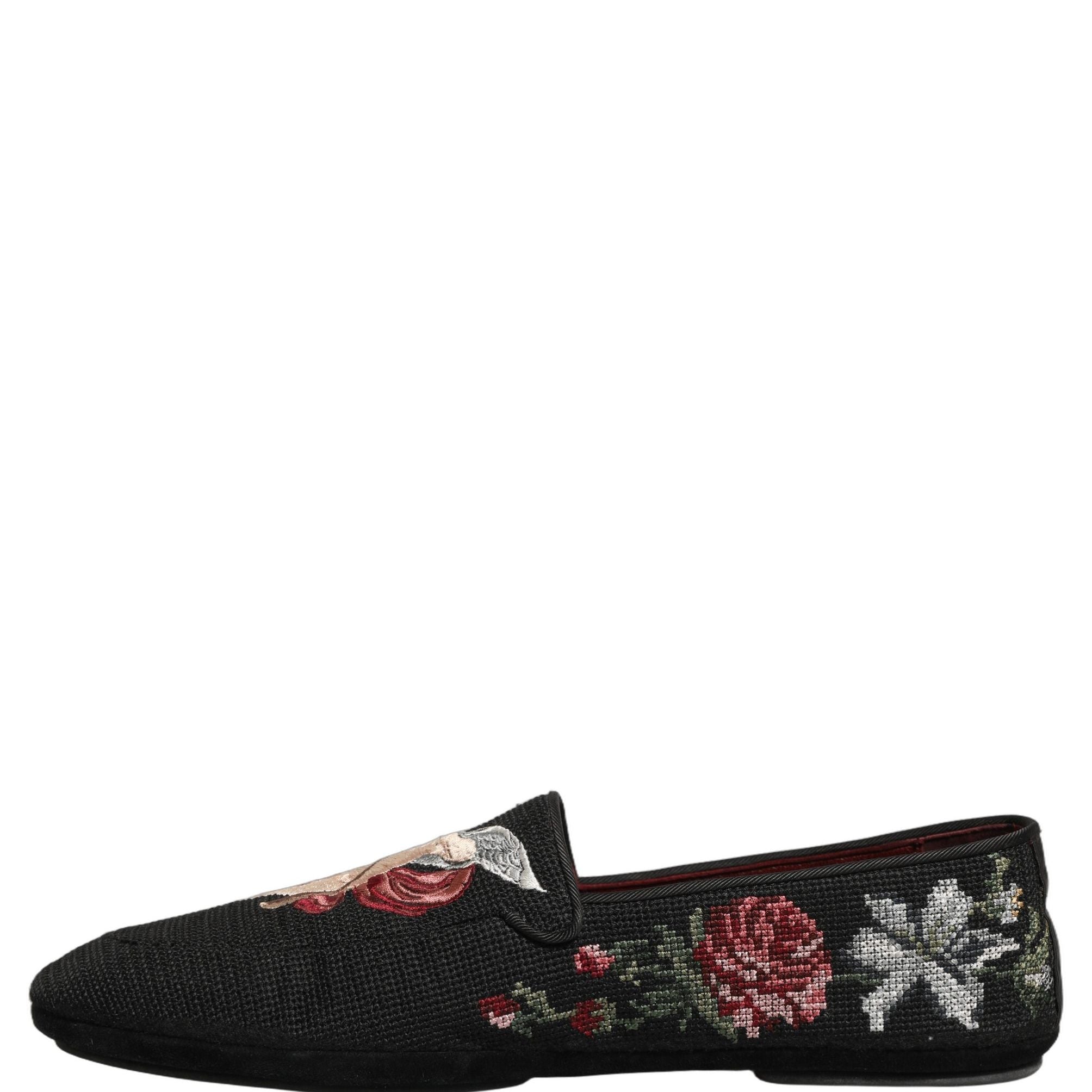 Dolce & Gabbana Black Baroque Angel Crown Rose Loafers Shoes