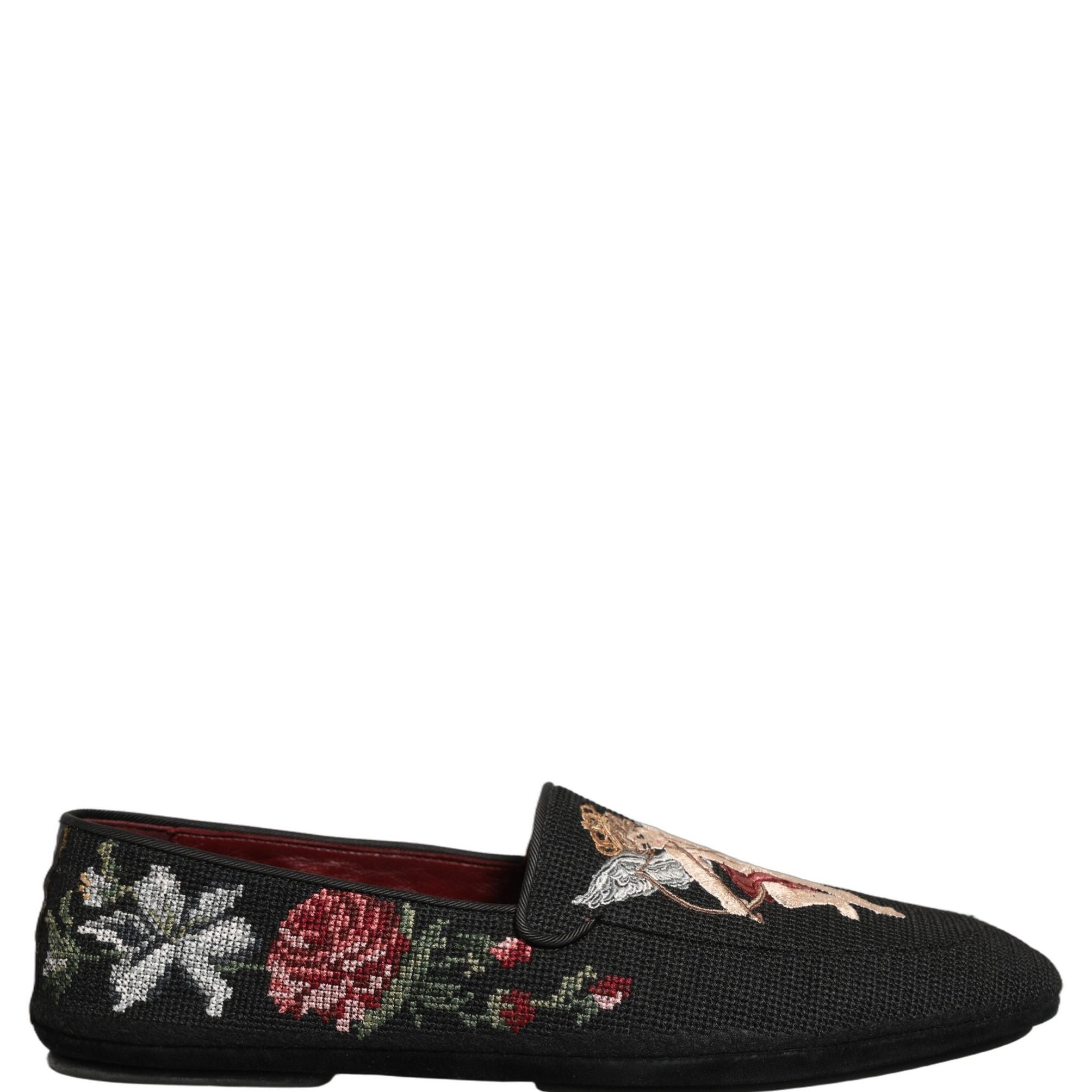 Dolce & Gabbana Black Baroque Angel Crown Rose Loafers Shoes