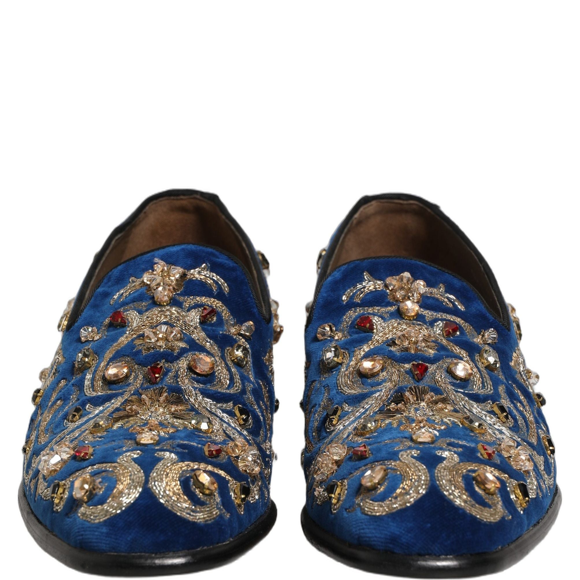 Dolce & Gabbana Blue Velvet Embellished Dress Loafers Shoes