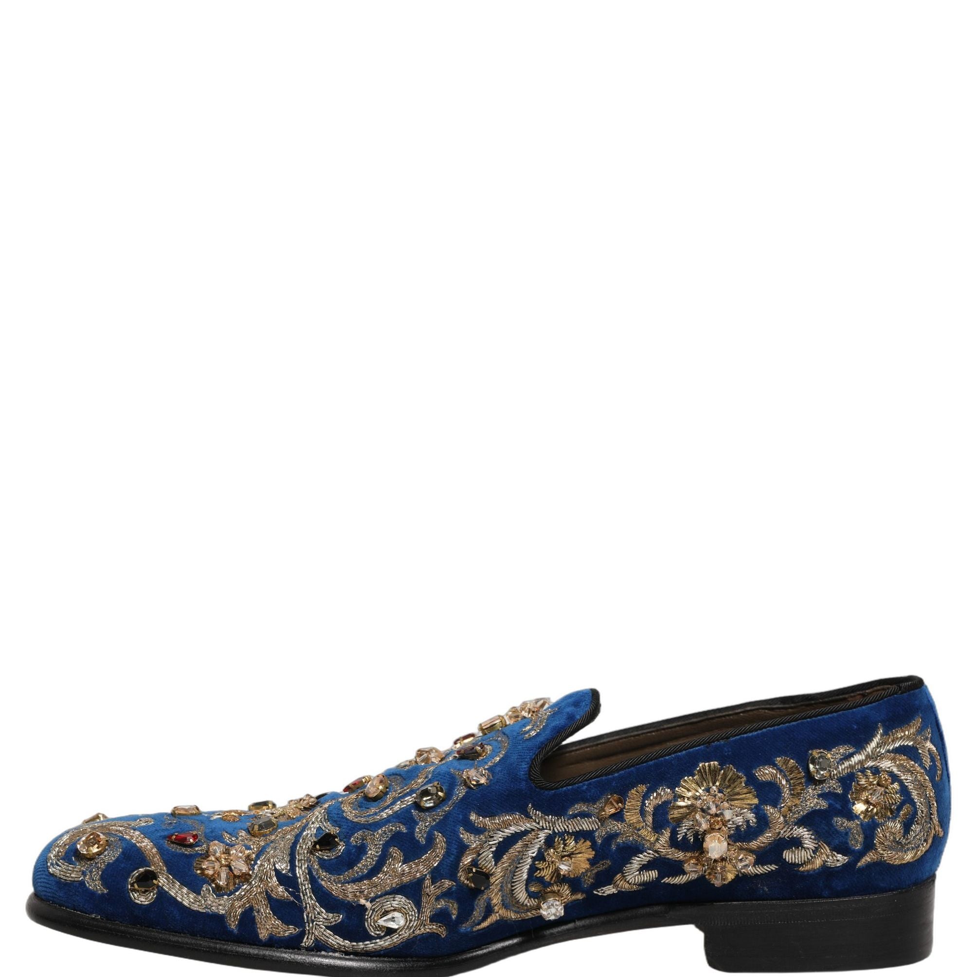 Dolce & Gabbana Blue Velvet Embellished Dress Loafers Shoes