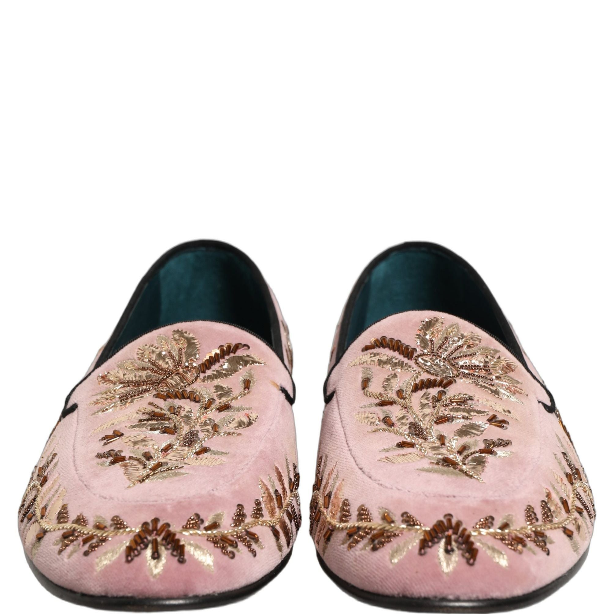 Dolce & Gabbana Pink Velvet Floral Embroidery Loafers Shoes