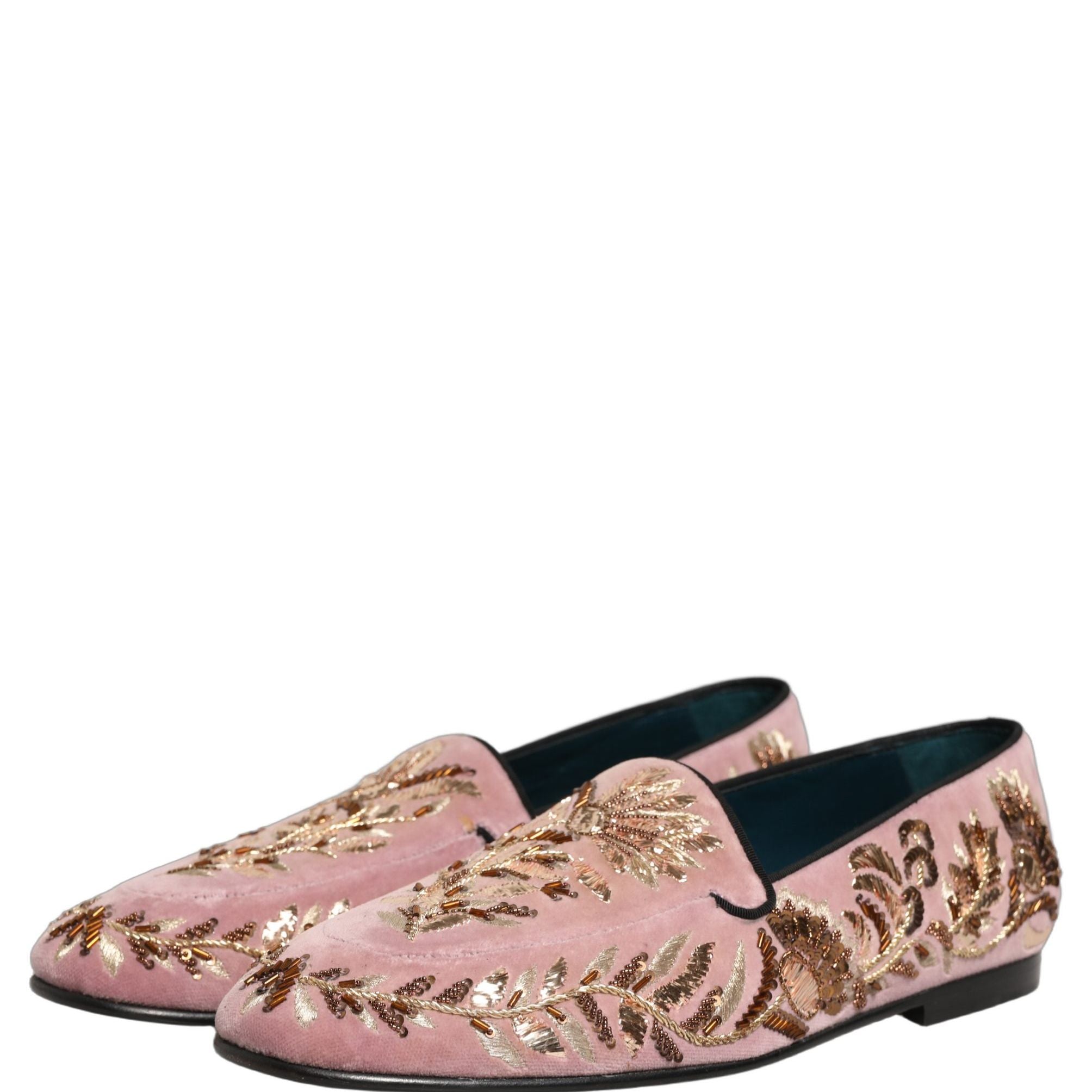 Dolce & Gabbana Pink Velvet Floral Embroidery Loafers Shoes