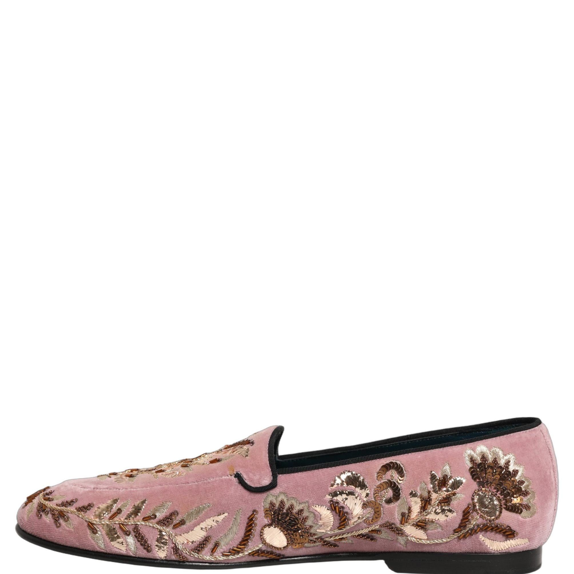 Dolce & Gabbana Pink Velvet Floral Embroidery Loafers Shoes