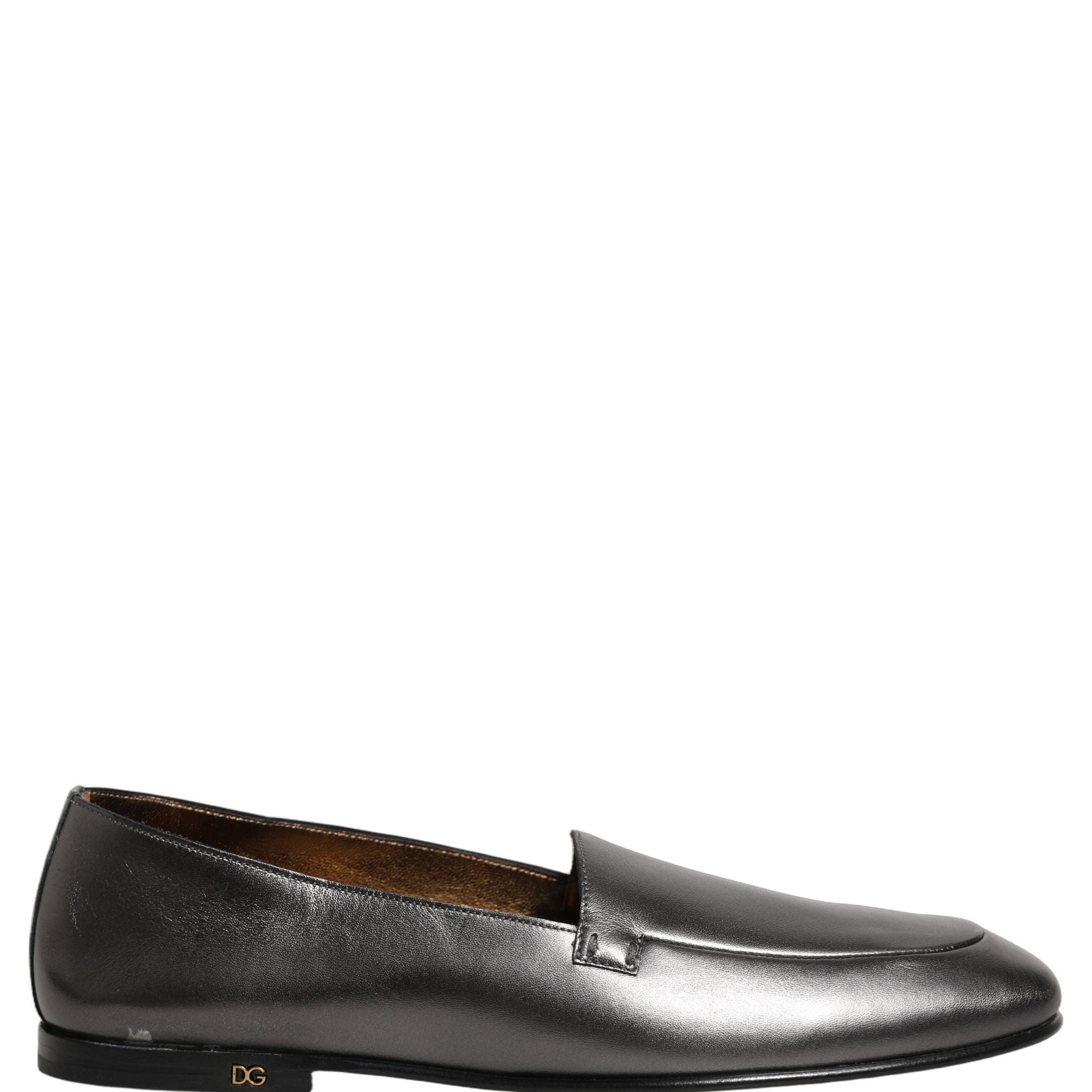Dolce & Gabbana Silver Leather DG Logo Slip On Loafers Shoes