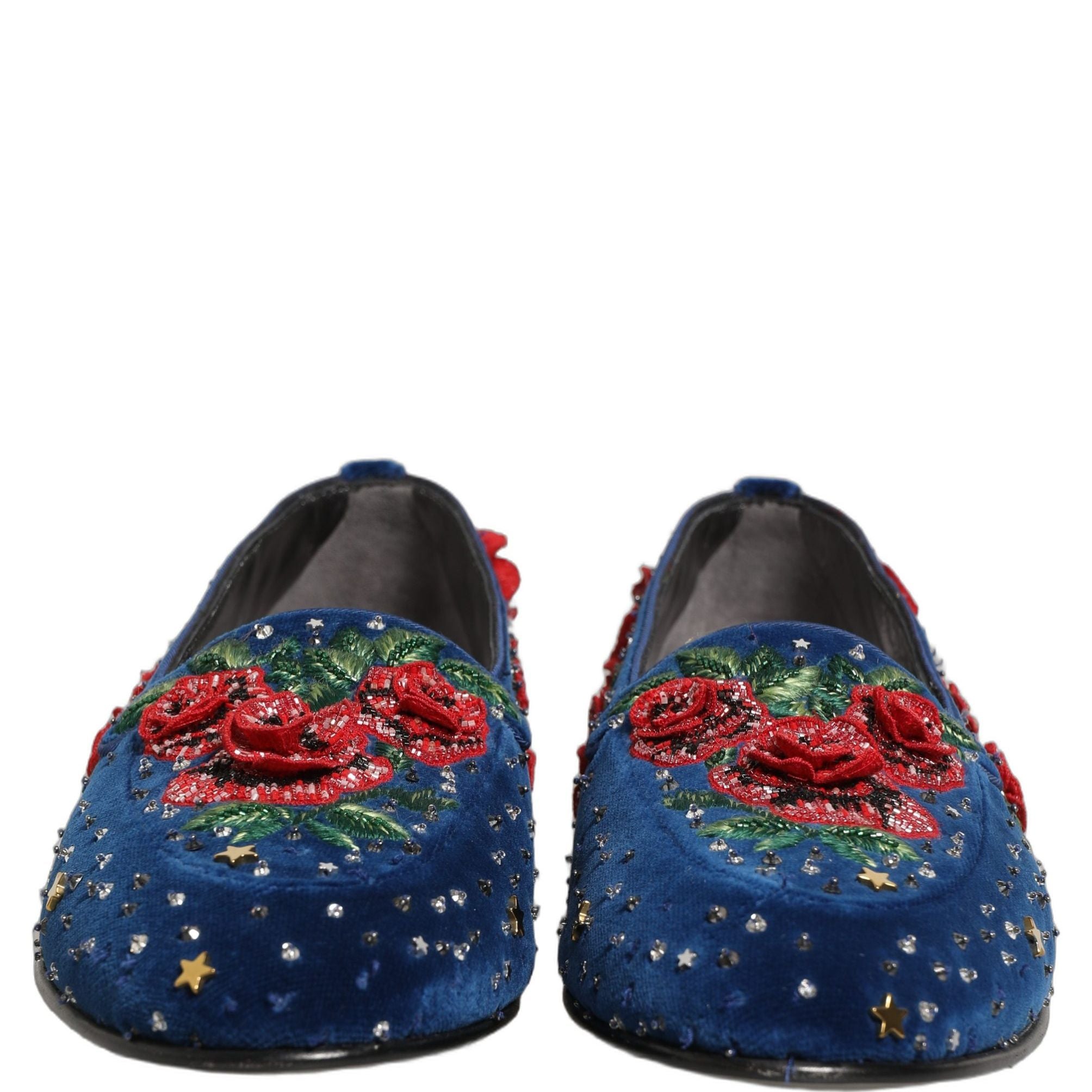 Dolce & Gabbana Blue Velvet Floral Slip On Dress Loafers Shoes