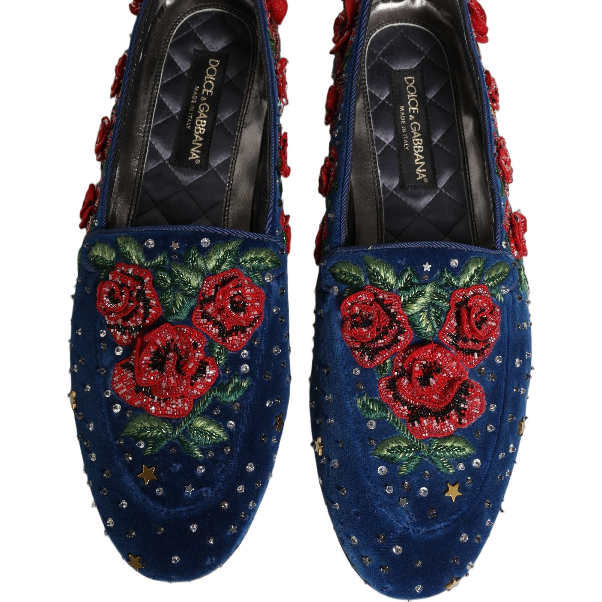 Dolce & Gabbana Blue Velvet Floral Slip On Dress Loafers Shoes