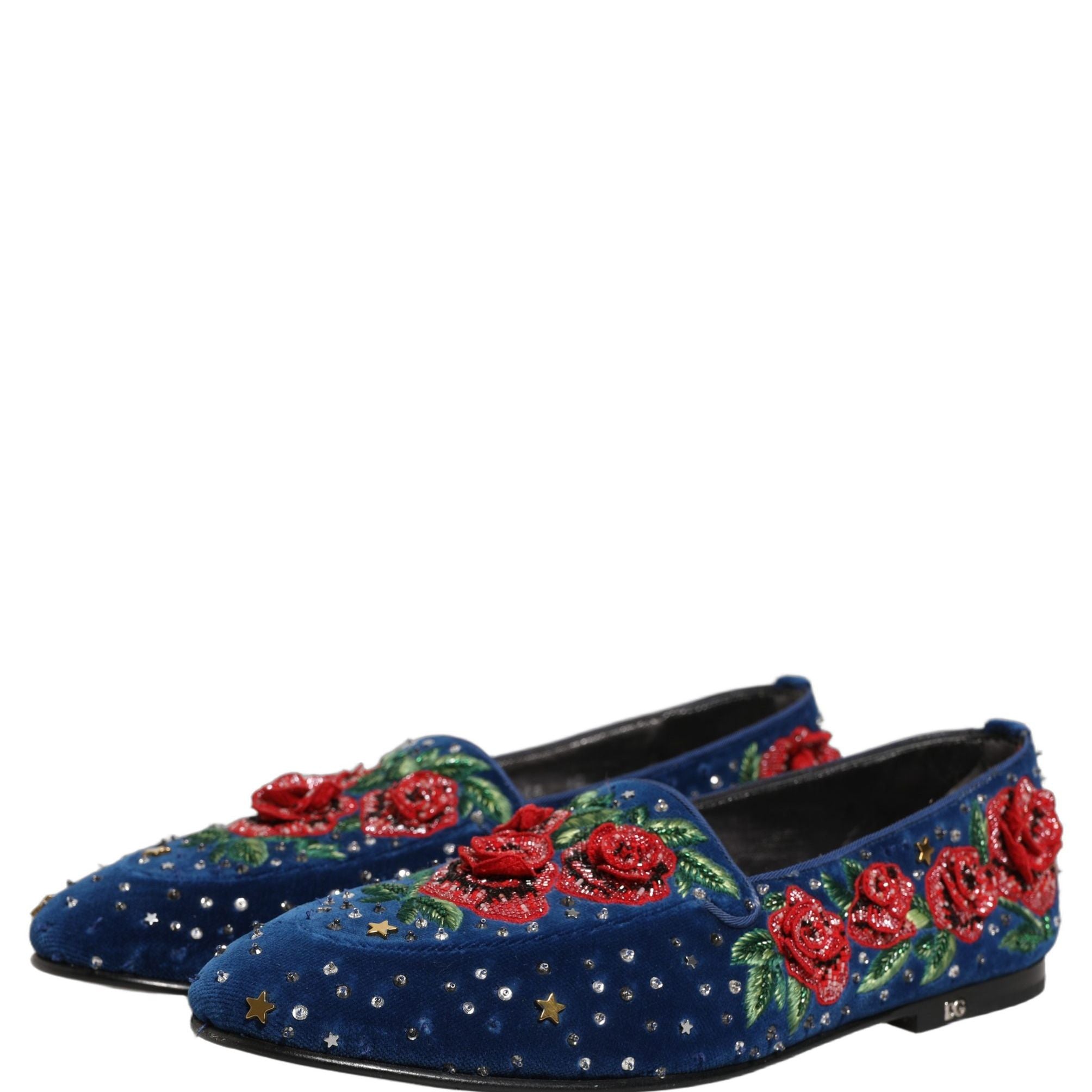 Dolce & Gabbana Blue Velvet Floral Slip On Dress Loafers Shoes