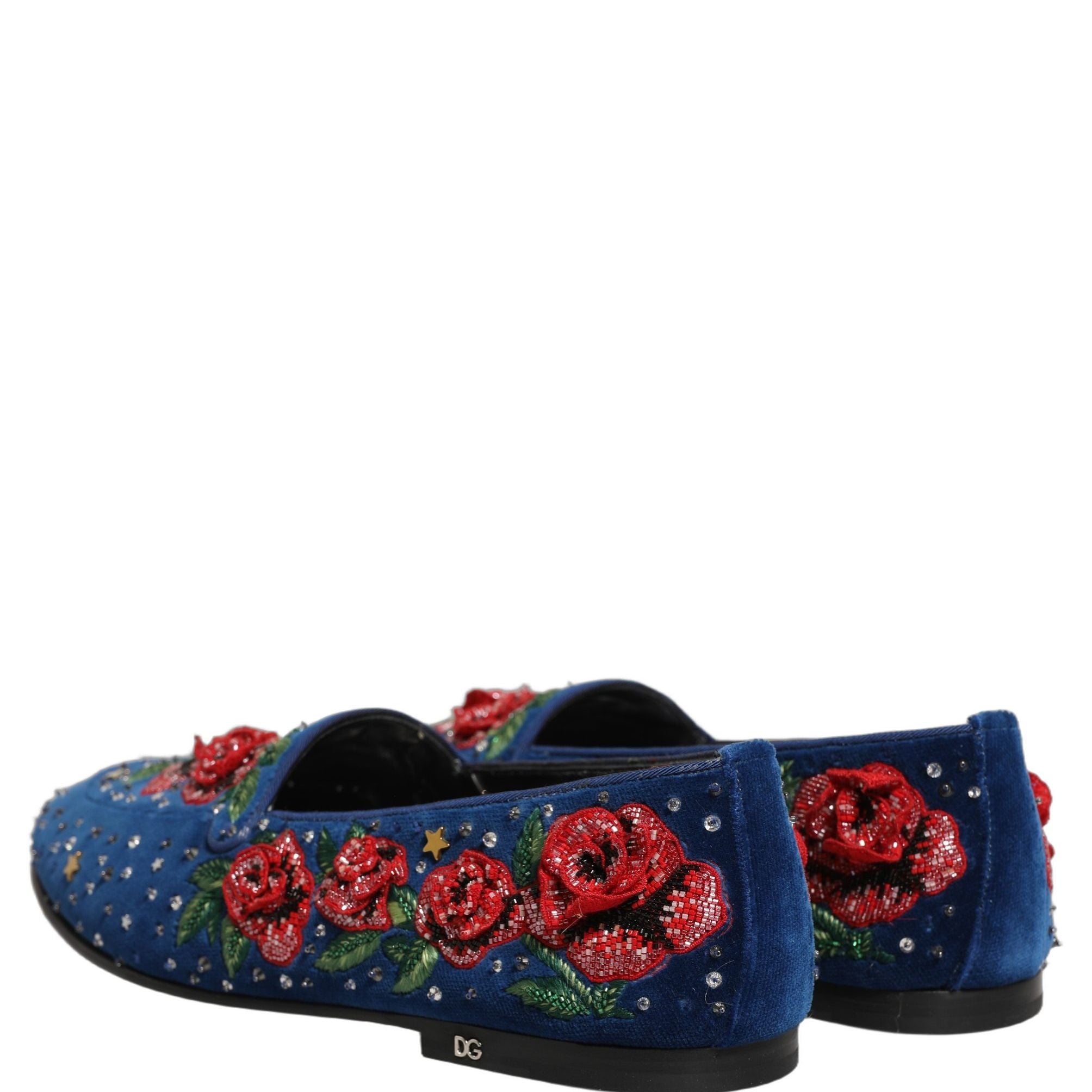 Dolce & Gabbana Blue Velvet Floral Slip On Dress Loafers Shoes