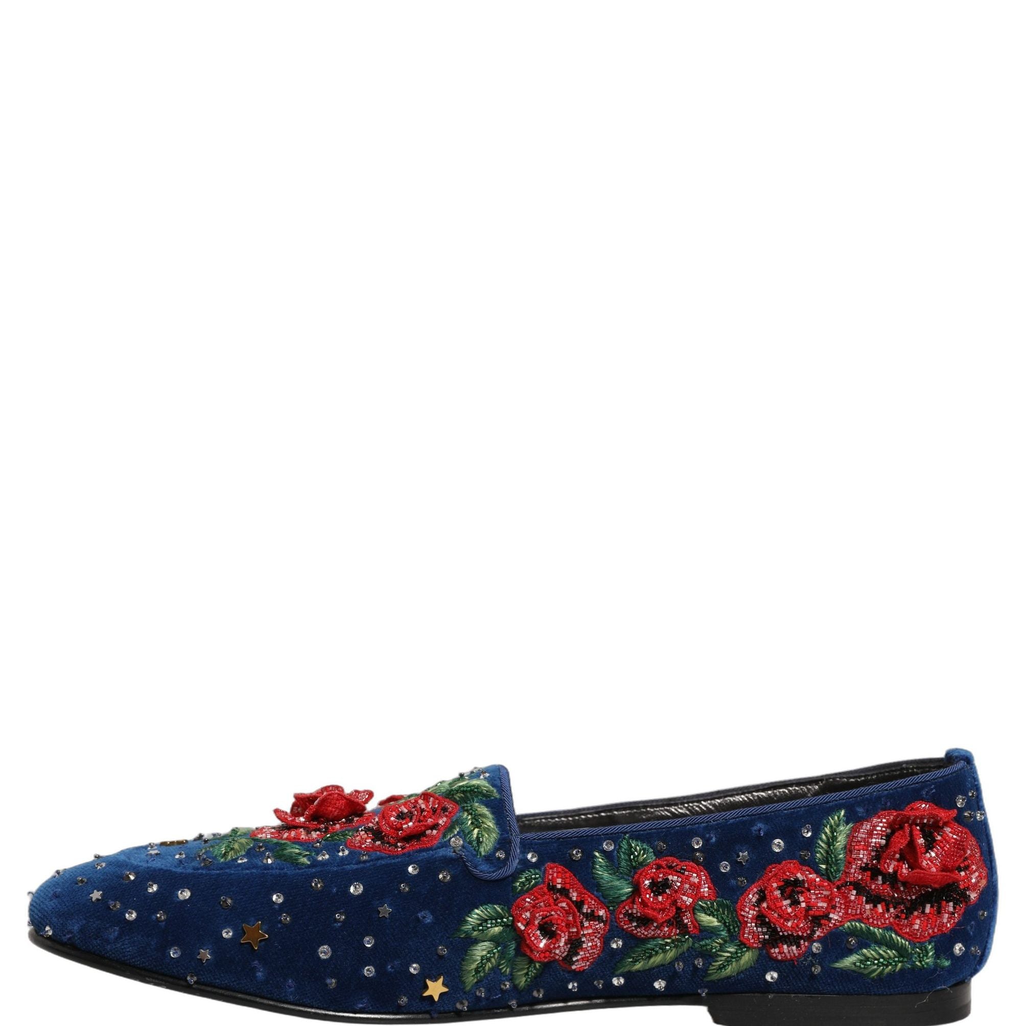 Dolce & Gabbana Blue Velvet Floral Slip On Dress Loafers Shoes