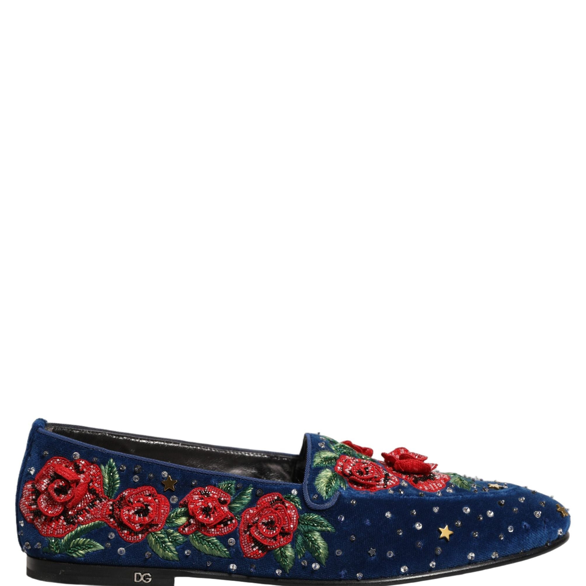 Dolce & Gabbana Blue Velvet Floral Slip On Dress Loafers Shoes