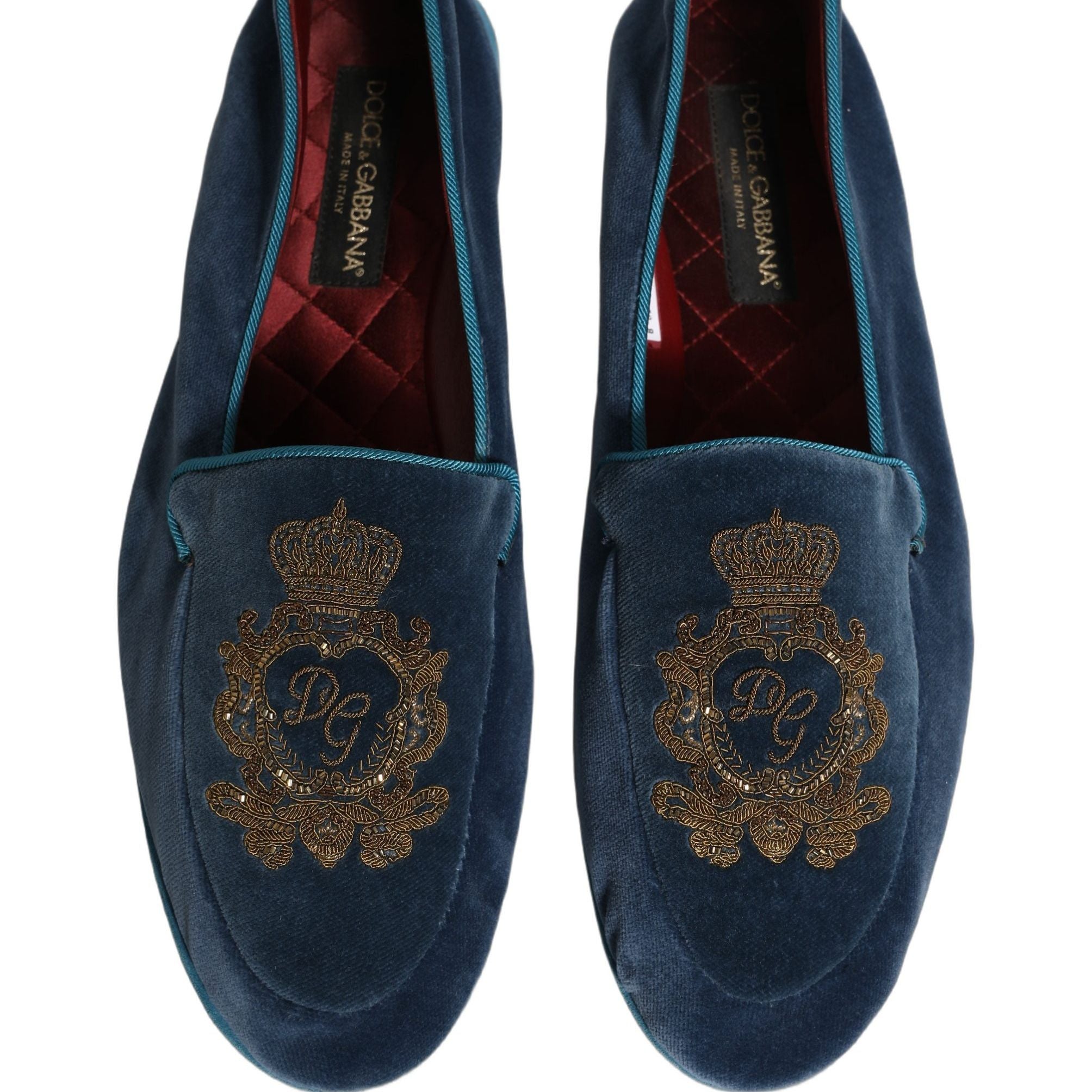 Dolce & Gabbana Blue Velvet Crown Embroidery Loafers Shoes