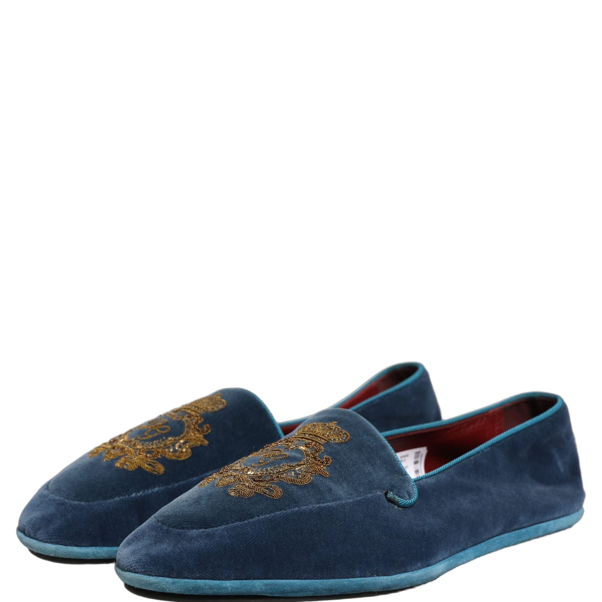 Dolce & Gabbana Blue Velvet Crown Embroidery Loafers Shoes