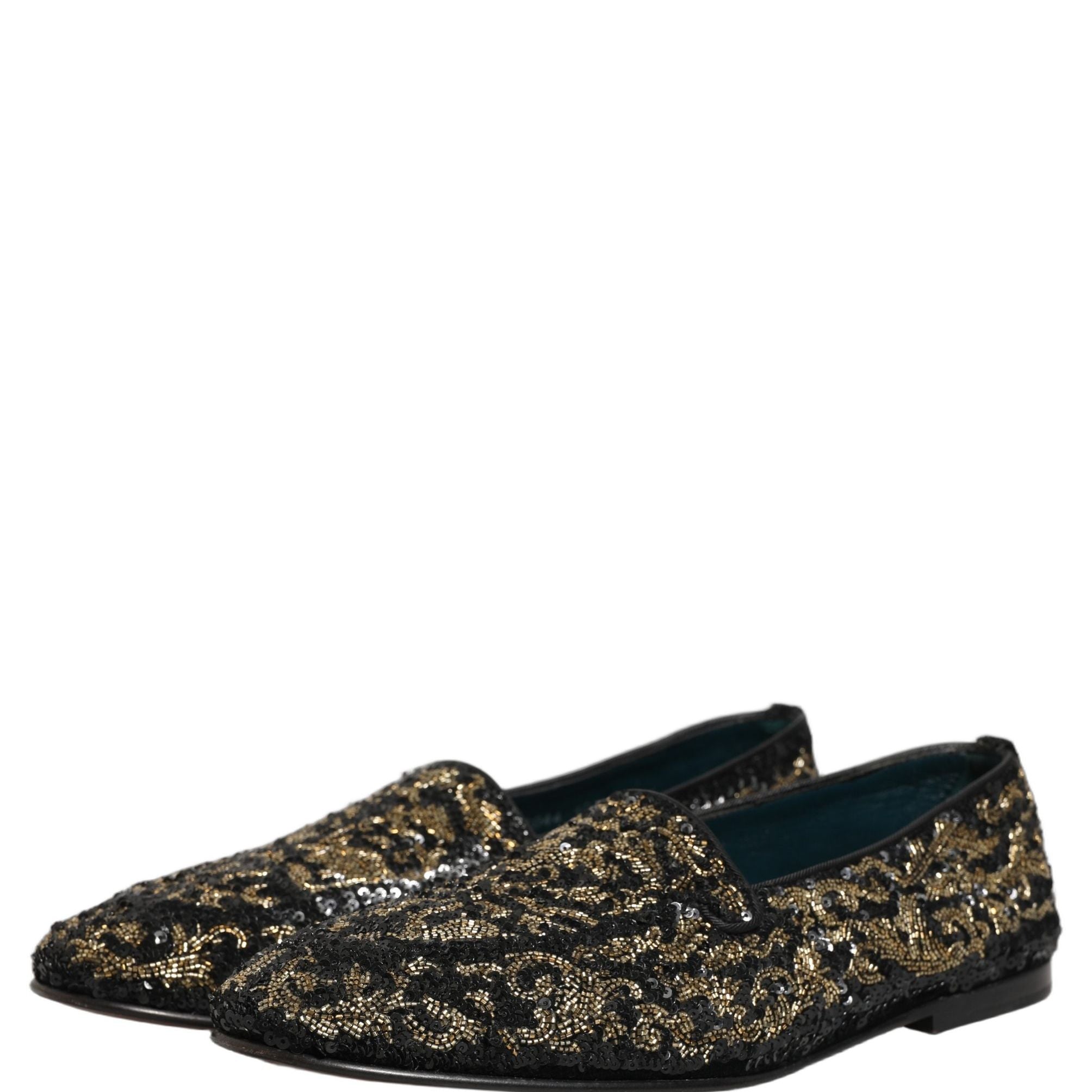 Dolce & Gabbana Black Gold Embellished Dress Loafers Shoes
