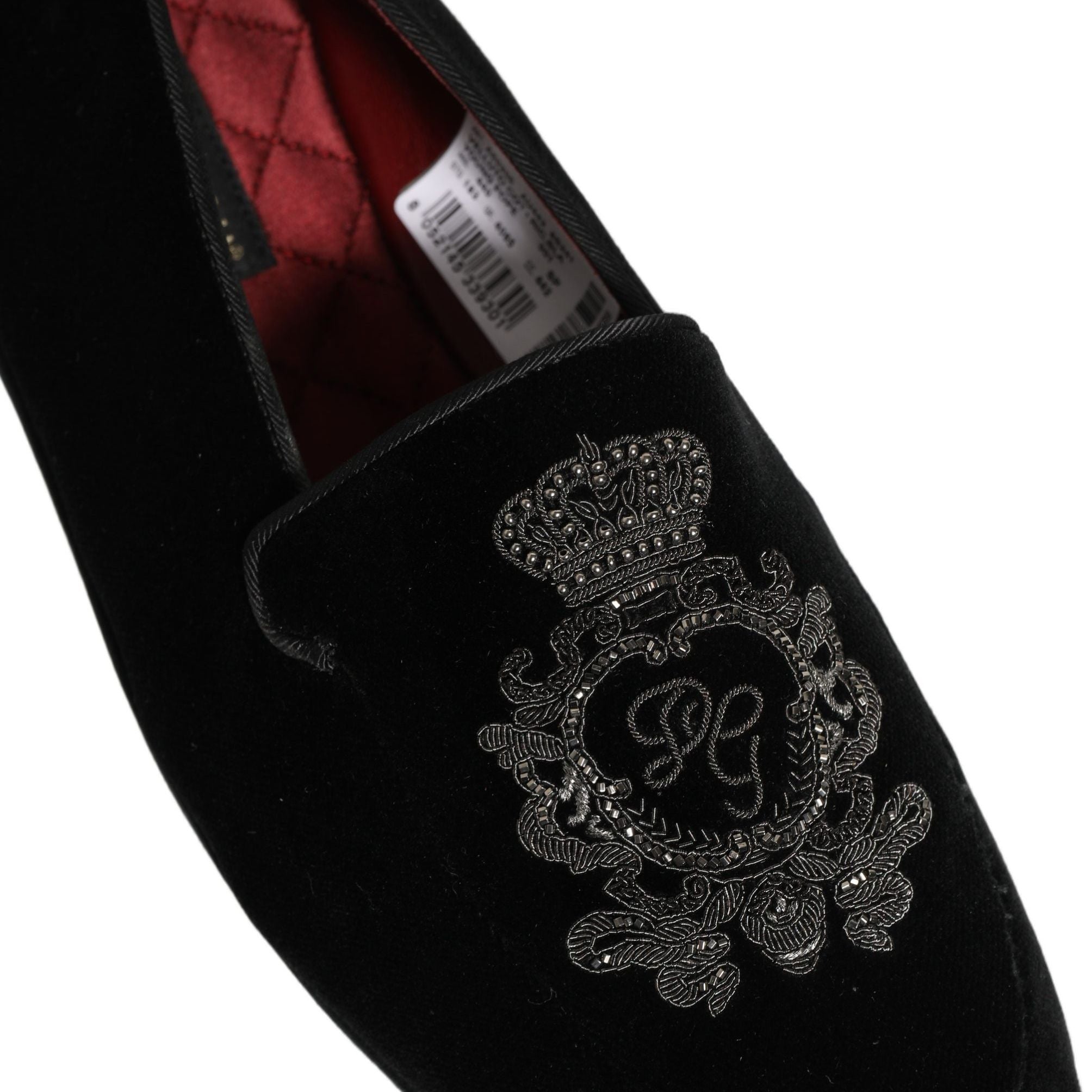 Dolce & Gabbana Black Velvet Crown Embroidery Loafers Shoes