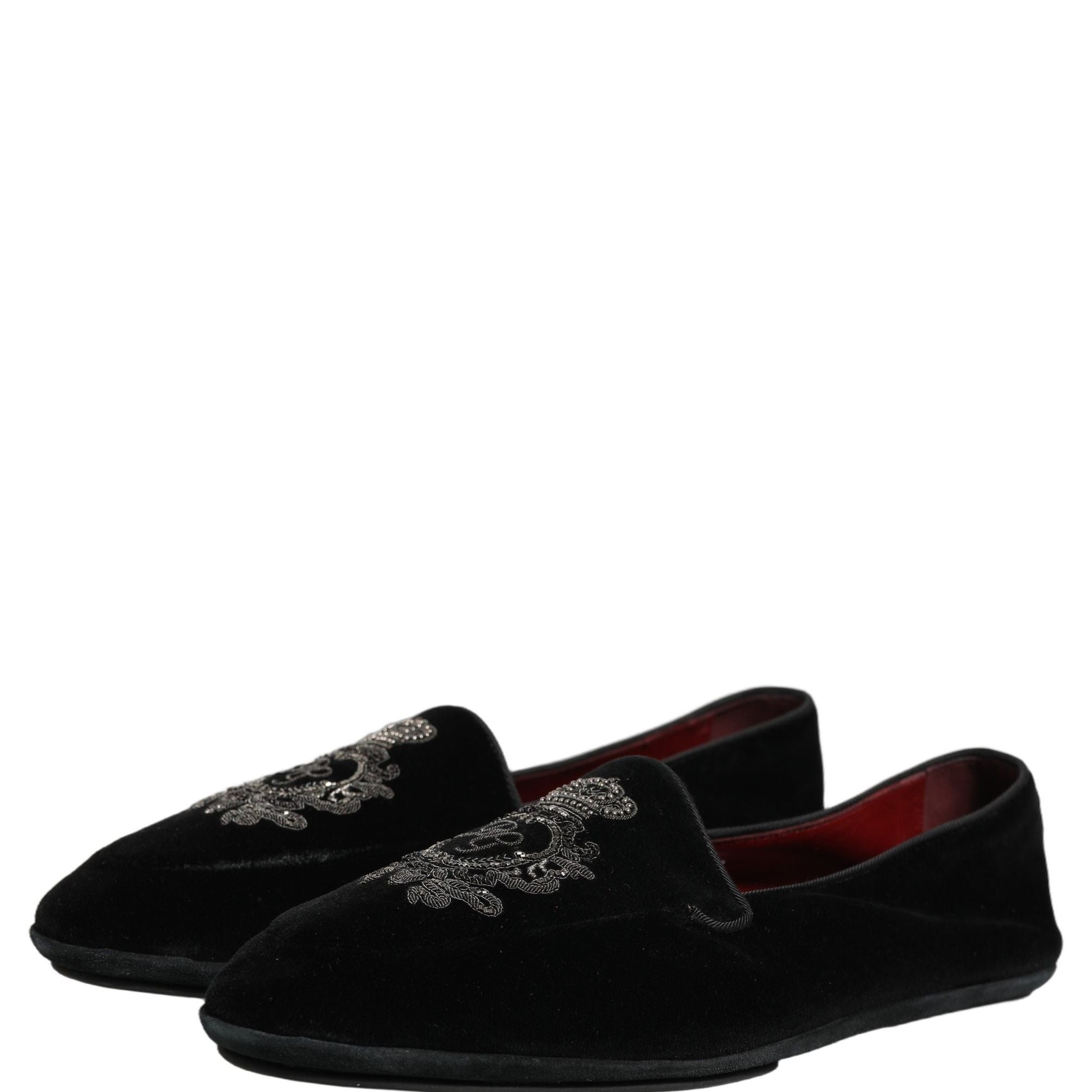 Dolce & Gabbana Black Velvet Crown Embroidery Loafers Shoes