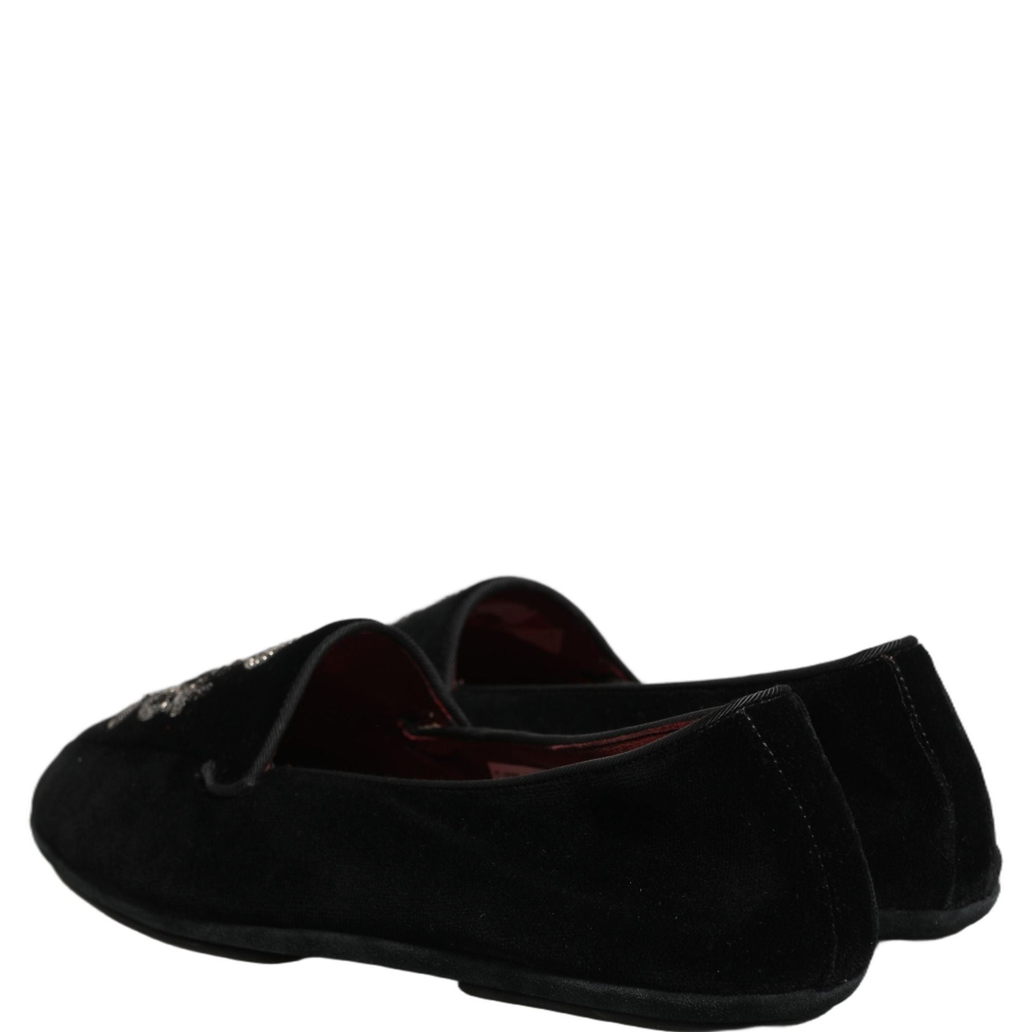 Dolce & Gabbana Black Velvet Crown Embroidery Loafers Shoes