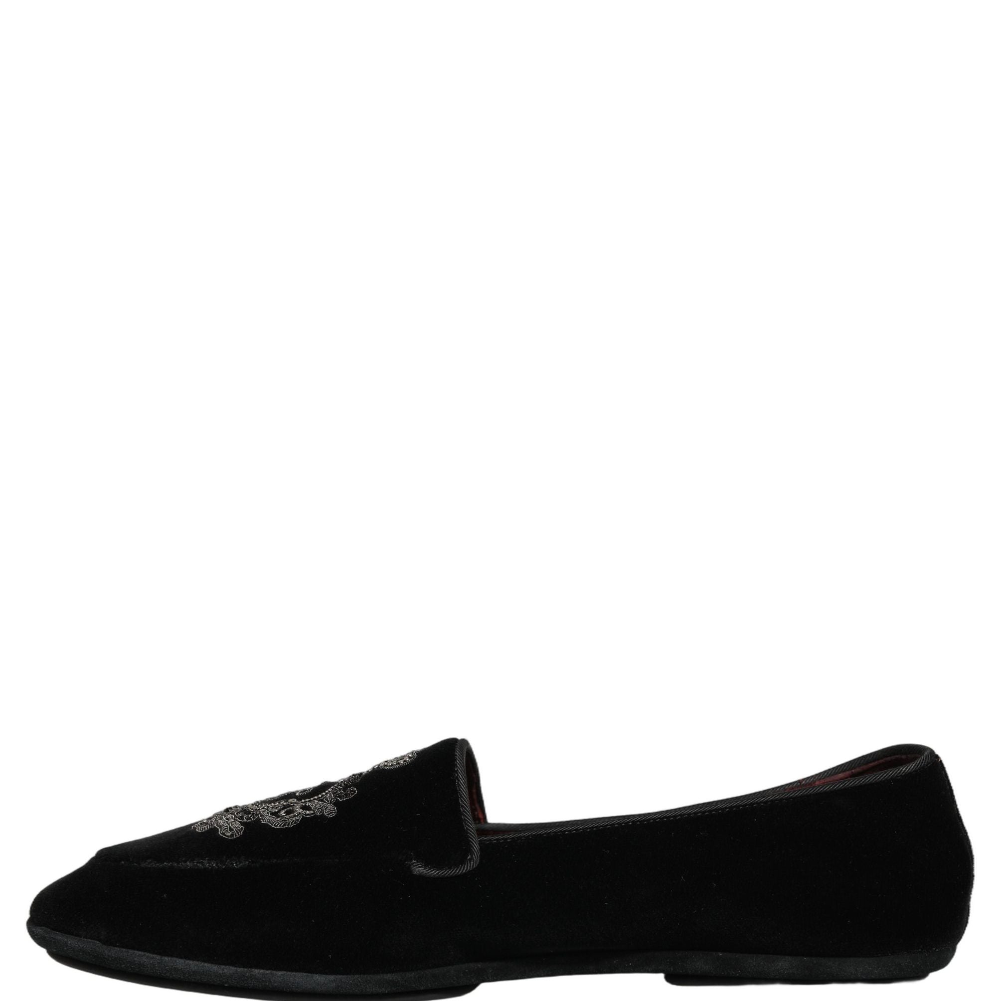 Dolce & Gabbana Black Velvet Crown Embroidery Loafers Shoes