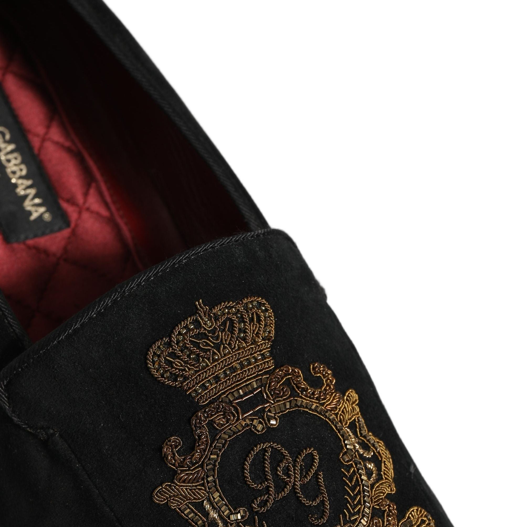 Dolce & Gabbana Black Velvet Crown Embroidery Loafers Shoes