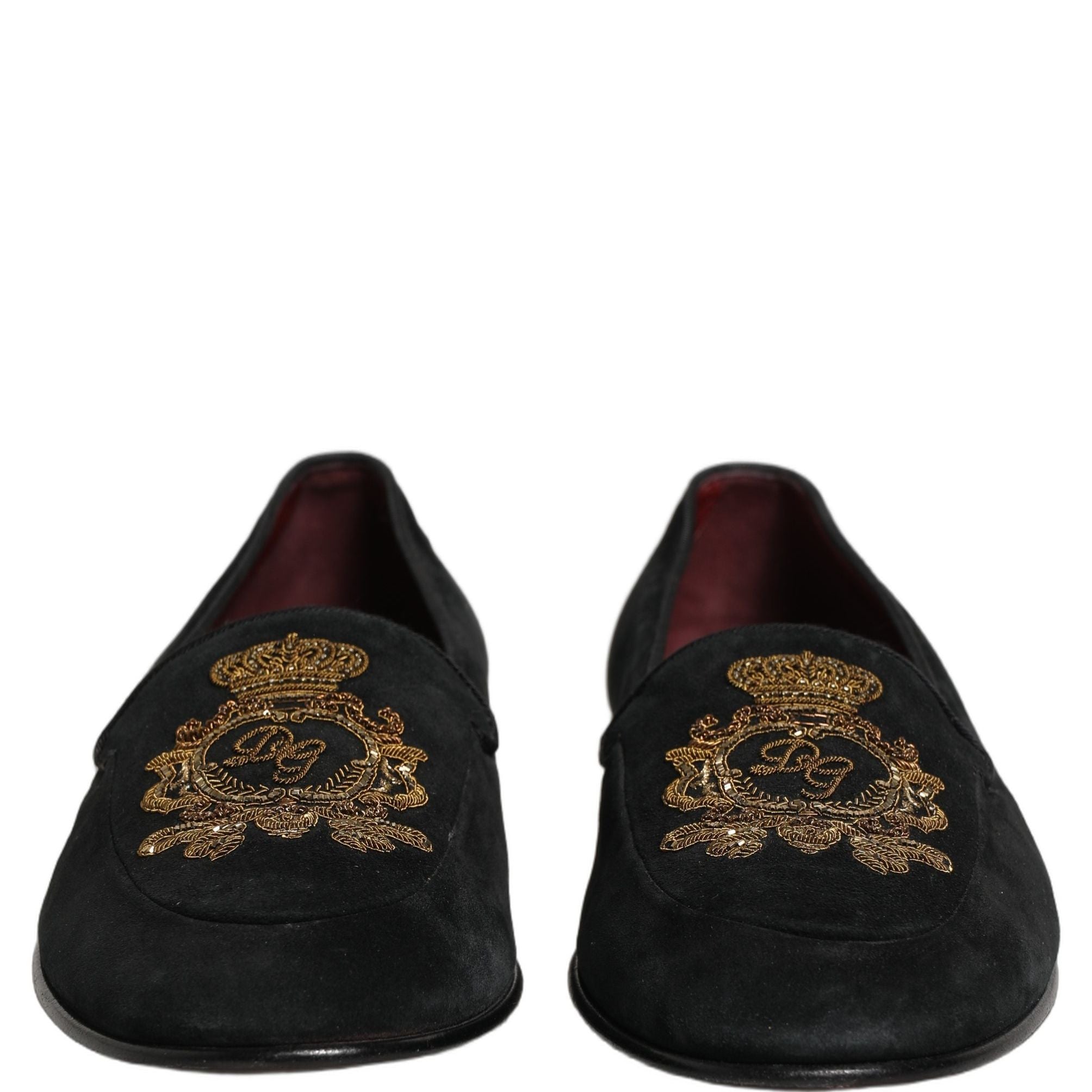 Dolce & Gabbana Black Velvet Crown Embroidery Loafers Shoes