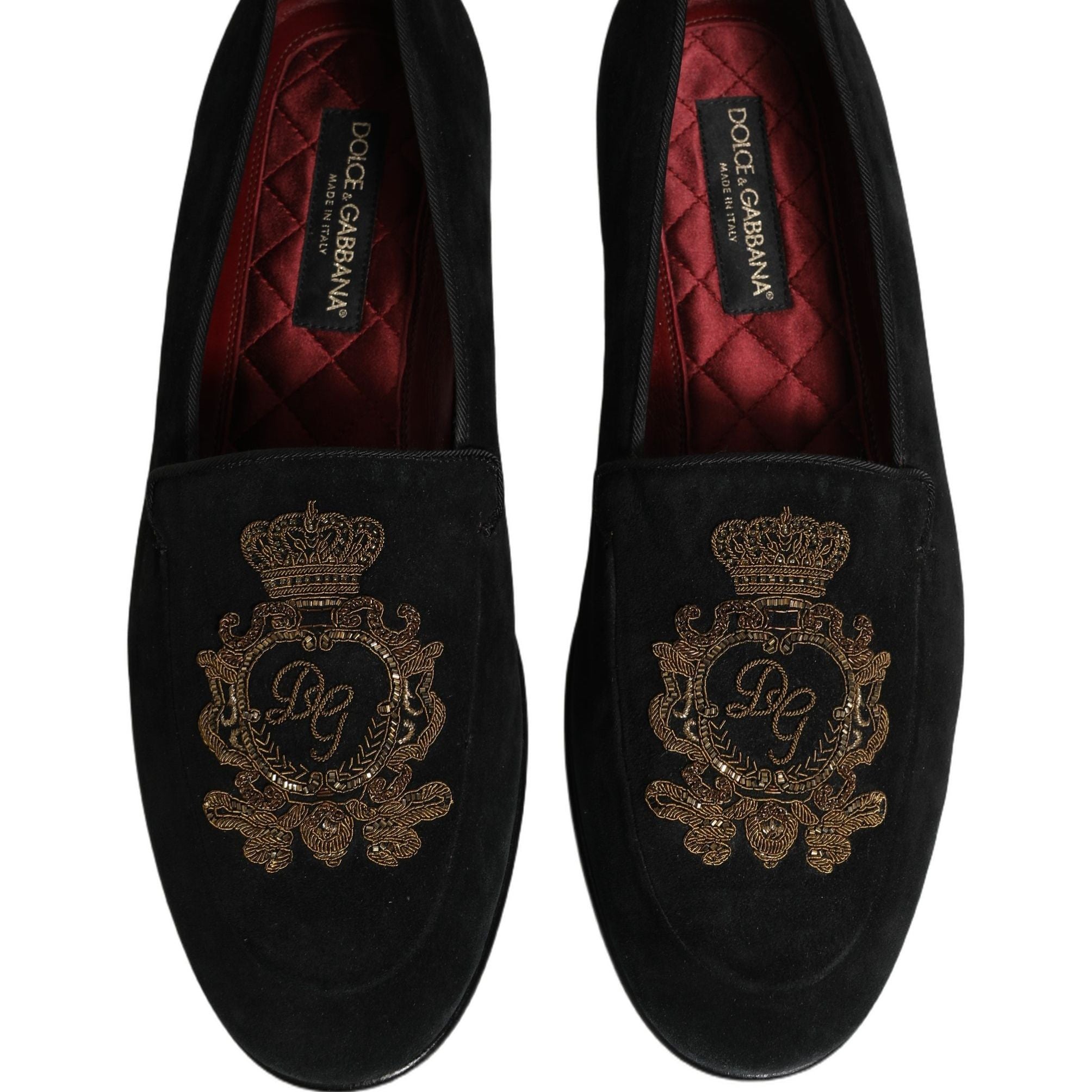 Dolce & Gabbana Black Velvet Crown Embroidery Loafers Shoes
