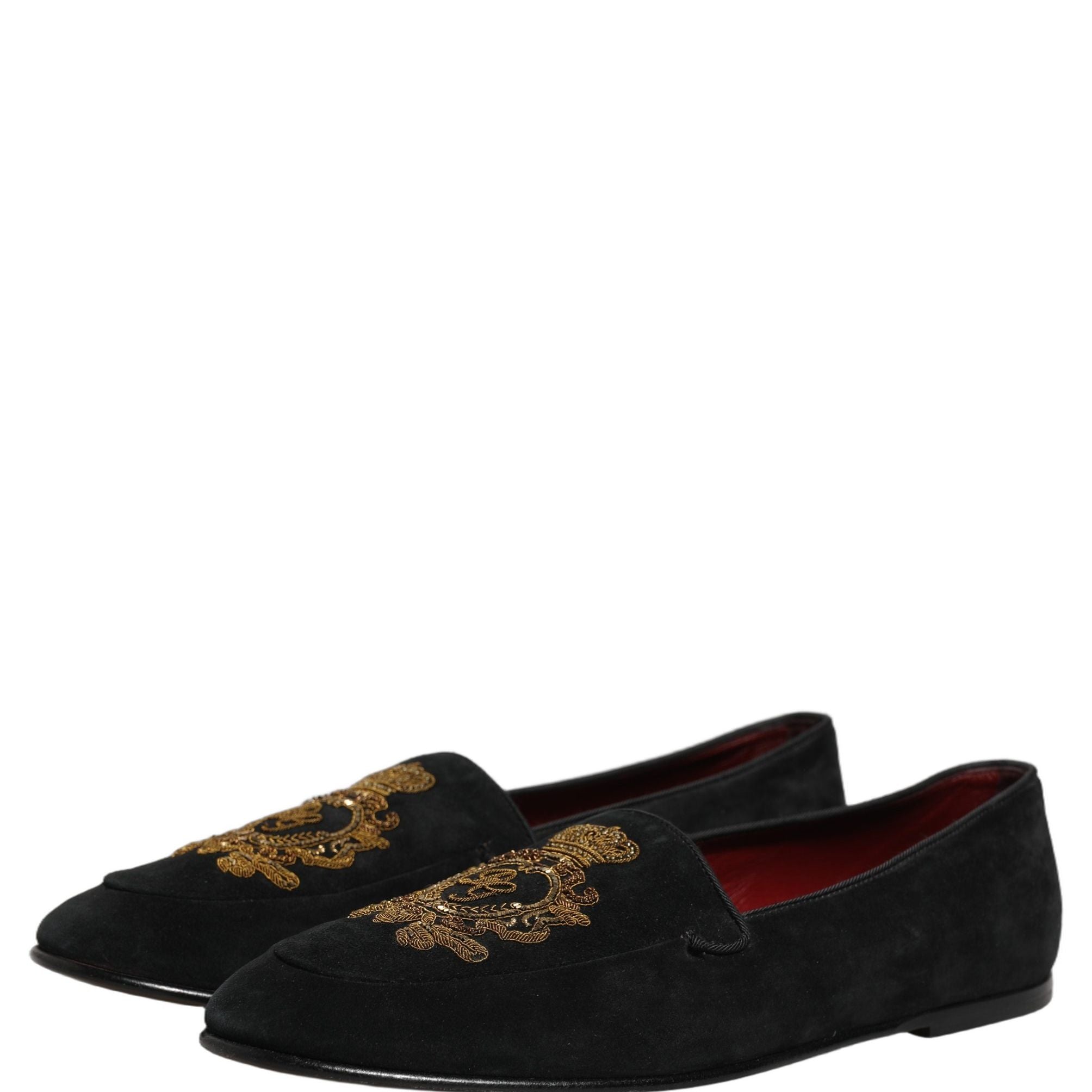 Dolce & Gabbana Black Velvet Crown Embroidery Loafers Shoes