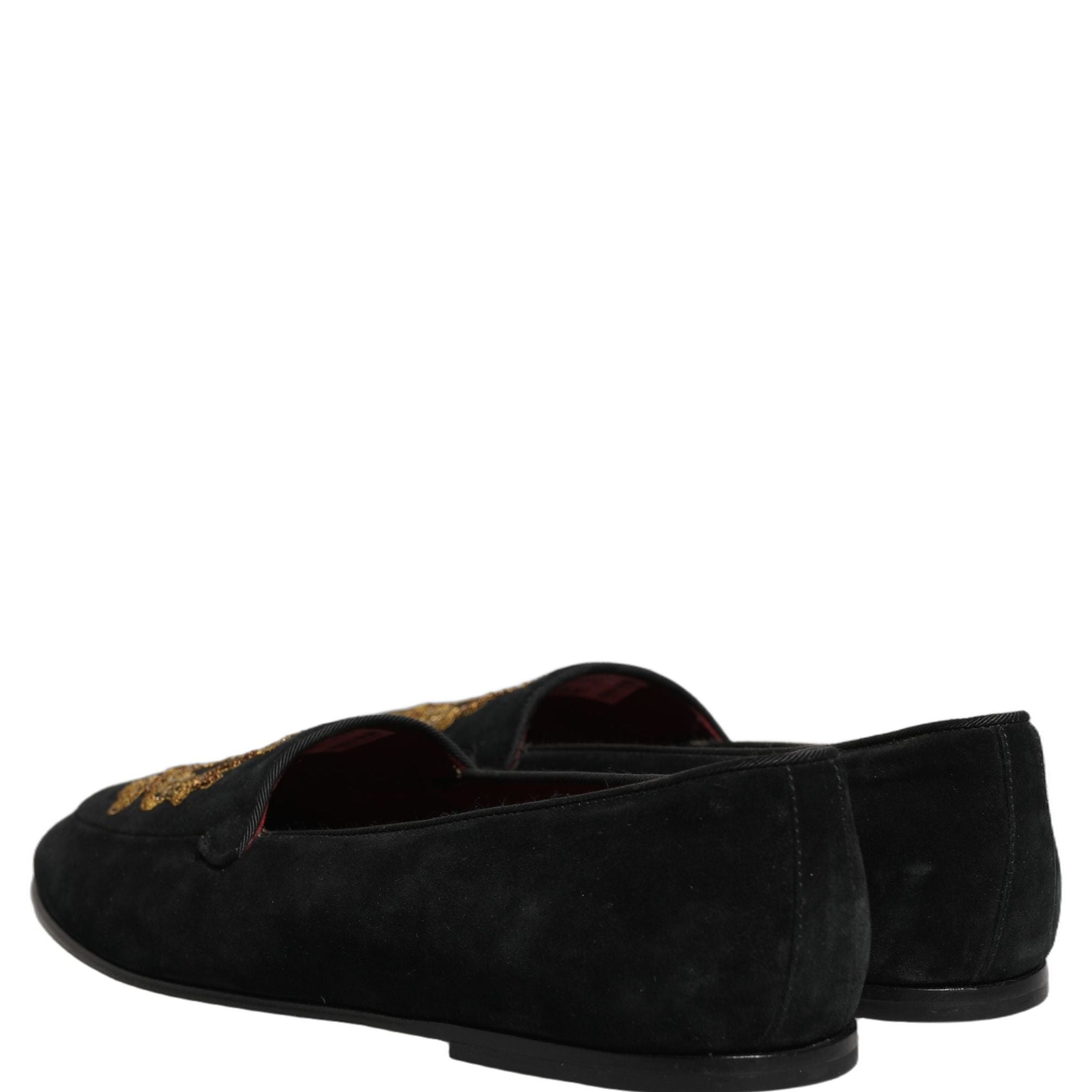 Dolce & Gabbana Black Velvet Crown Embroidery Loafers Shoes