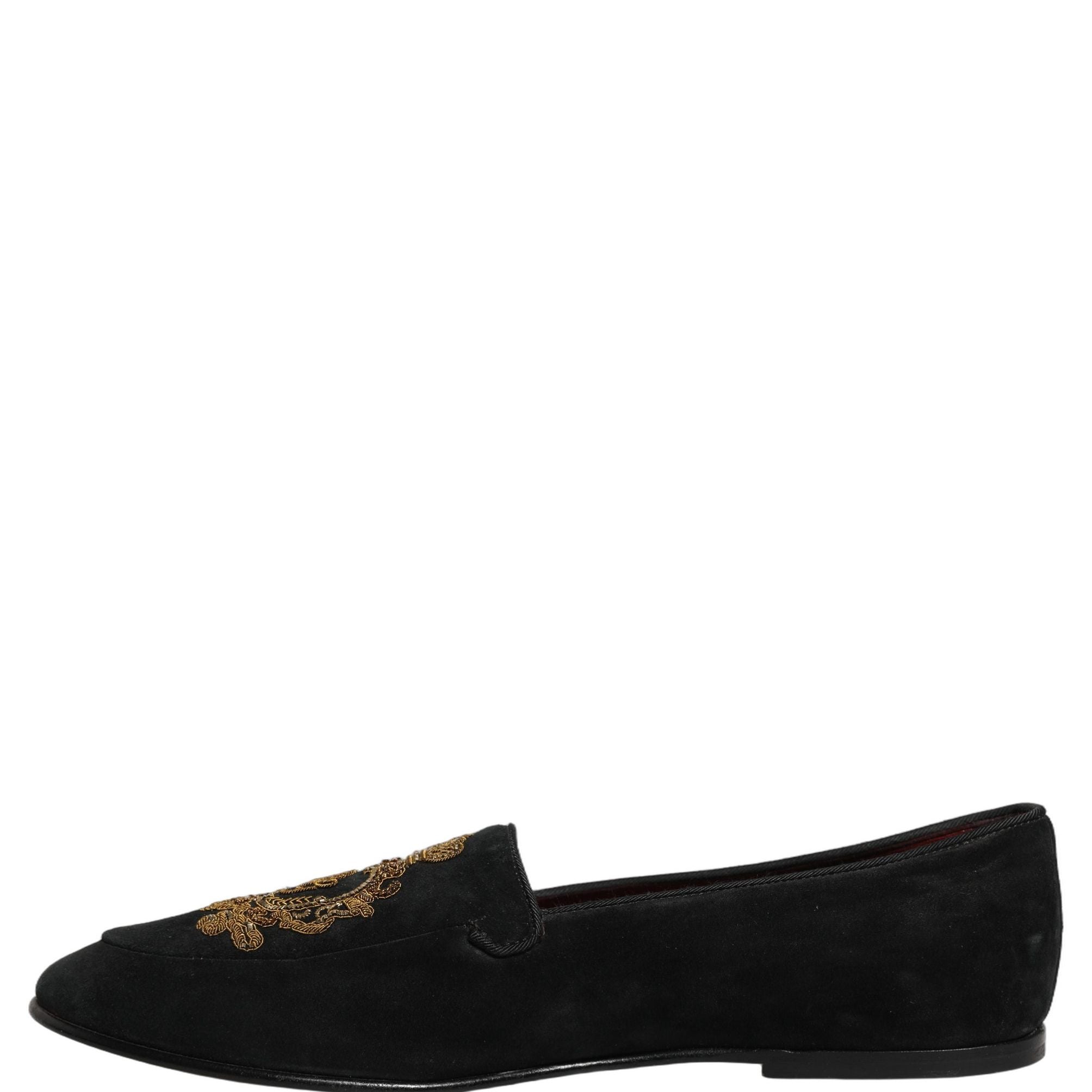 Dolce & Gabbana Black Velvet Crown Embroidery Loafers Shoes