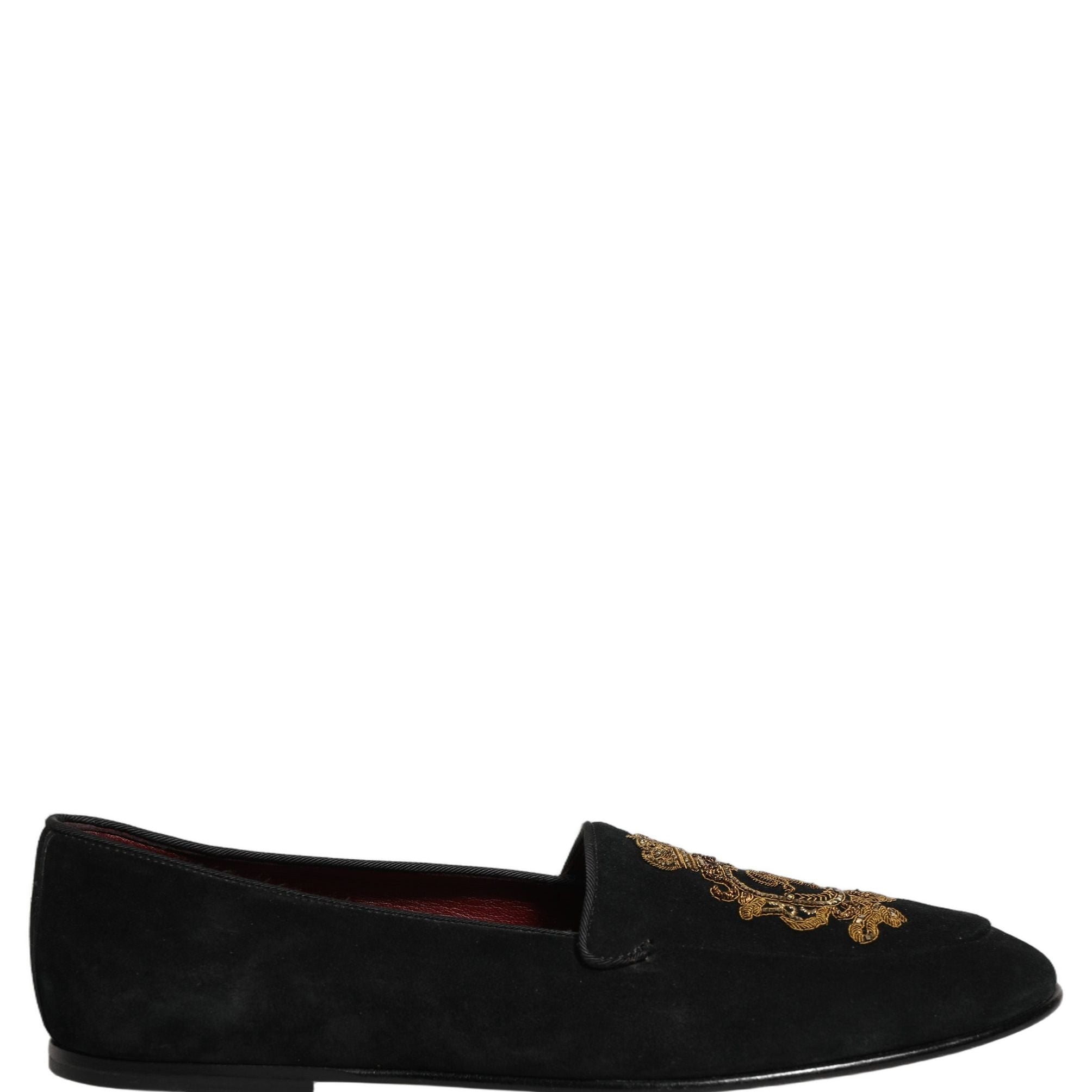 Dolce & Gabbana Black Velvet Crown Embroidery Loafers Shoes
